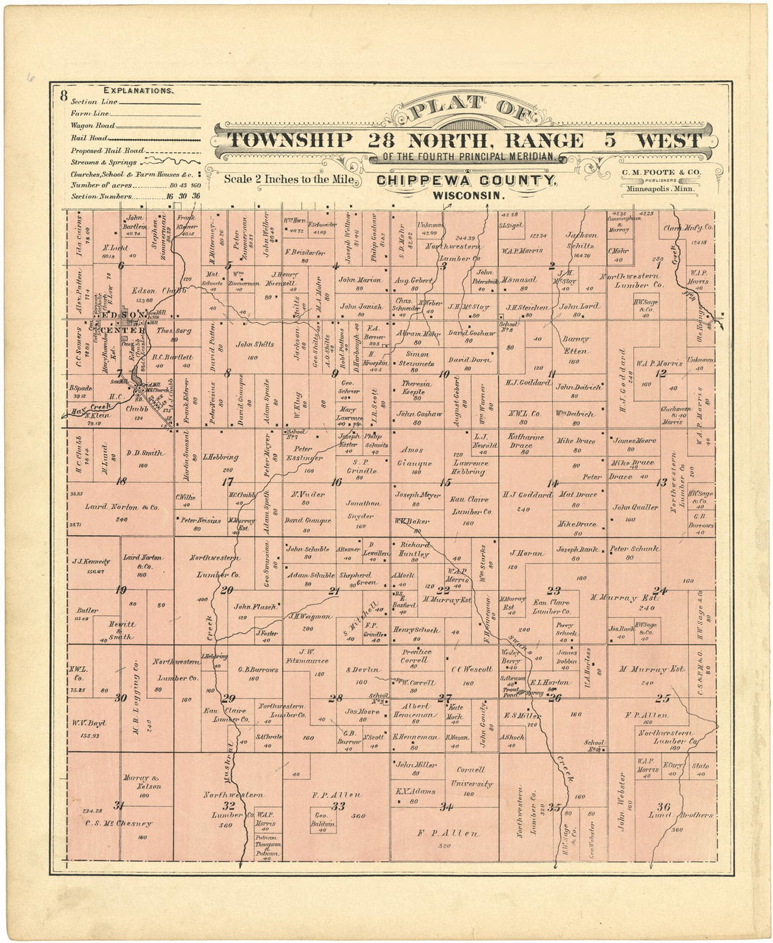 This old map of Plat of Township 28 North, Range 5 West from Plat Book of Chippewa County, Wisconsin from 1888 was created by C. M. (Charles M.) Foote in 1888