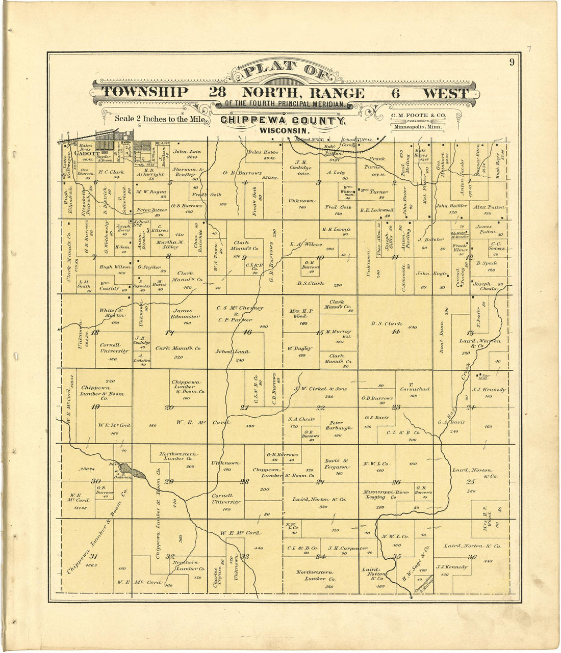 This old map of Plat of Township 28 North, Range 6 West from Plat Book of Chippewa County, Wisconsin from 1888 was created by C. M. (Charles M.) Foote in 1888