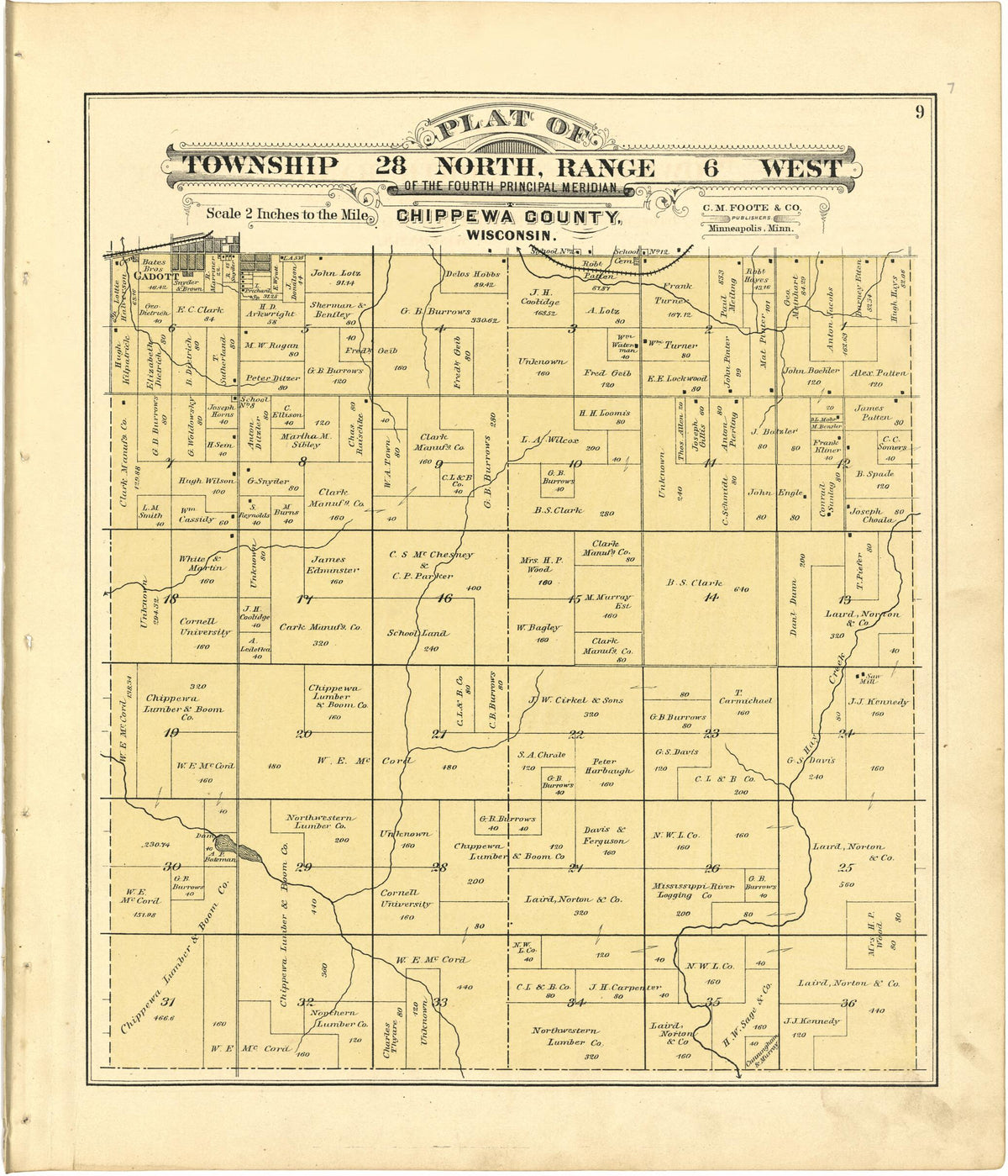Plat of Township 28 North, Range 6 West from Plat Book of Chippewa County, Wisconsin 1888 by Relic Map Company
