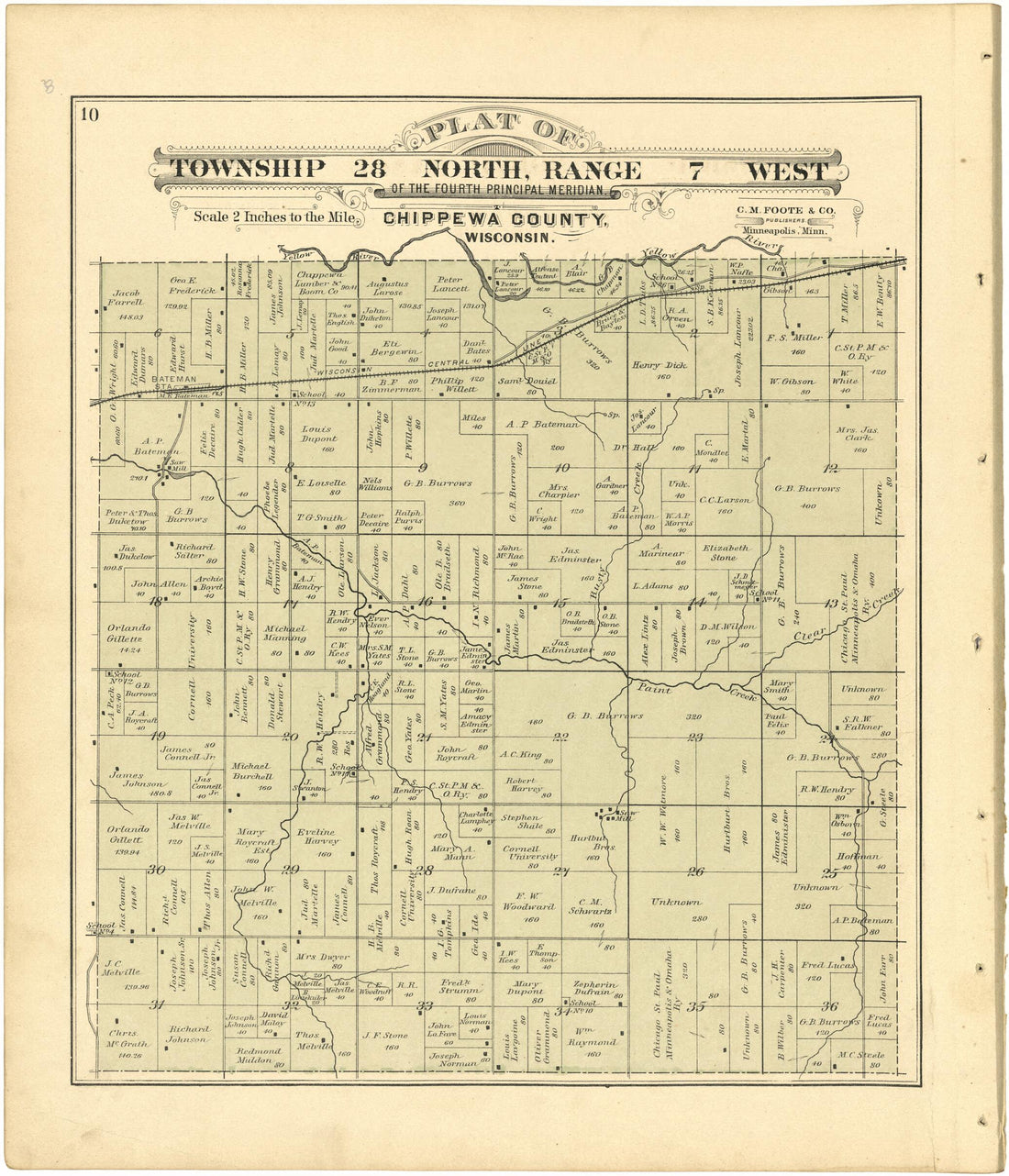 This old map of Plat of Township 28 North, Range 7 West from Plat Book of Chippewa County, Wisconsin from 1888 was created by C. M. (Charles M.) Foote in 1888