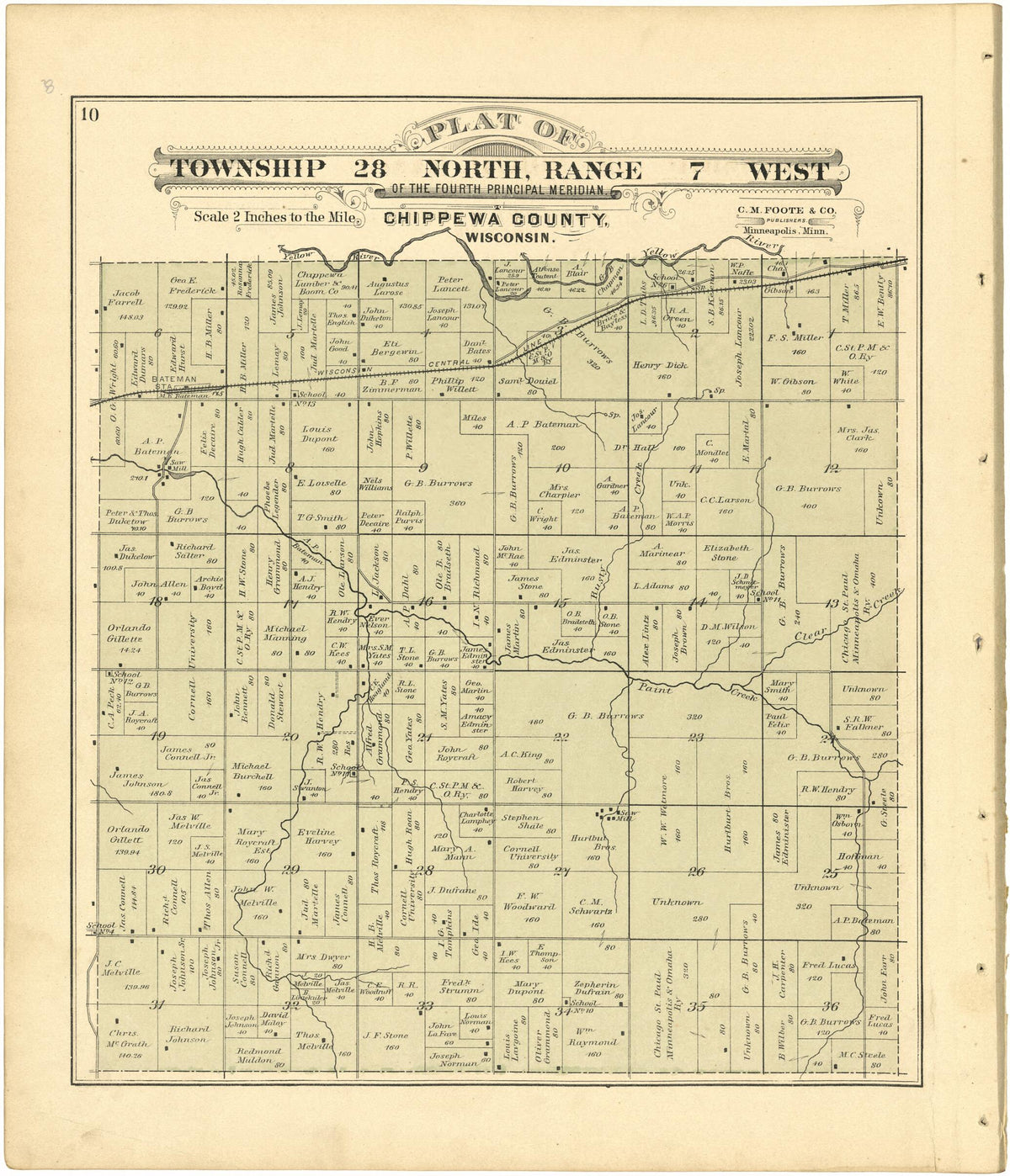 Plat of Township 28 North, Range 7 West from Plat Book of Chippewa County, Wisconsin 1888 by Relic Map Company