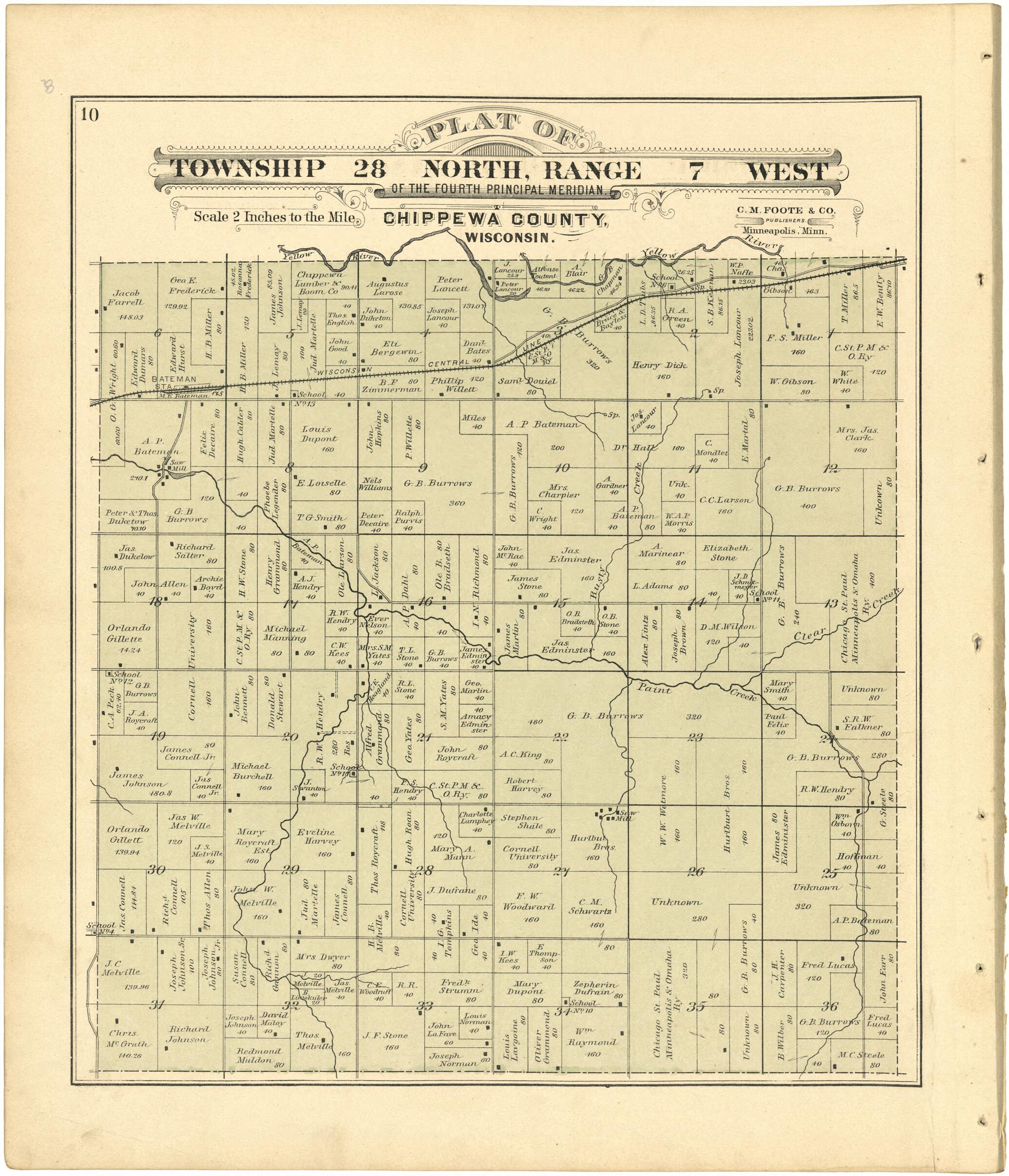 This old map of Plat of Township 28 North, Range 7 West from Plat Book of Chippewa County, Wisconsin from 1888 was created by C. M. (Charles M.) Foote in 1888