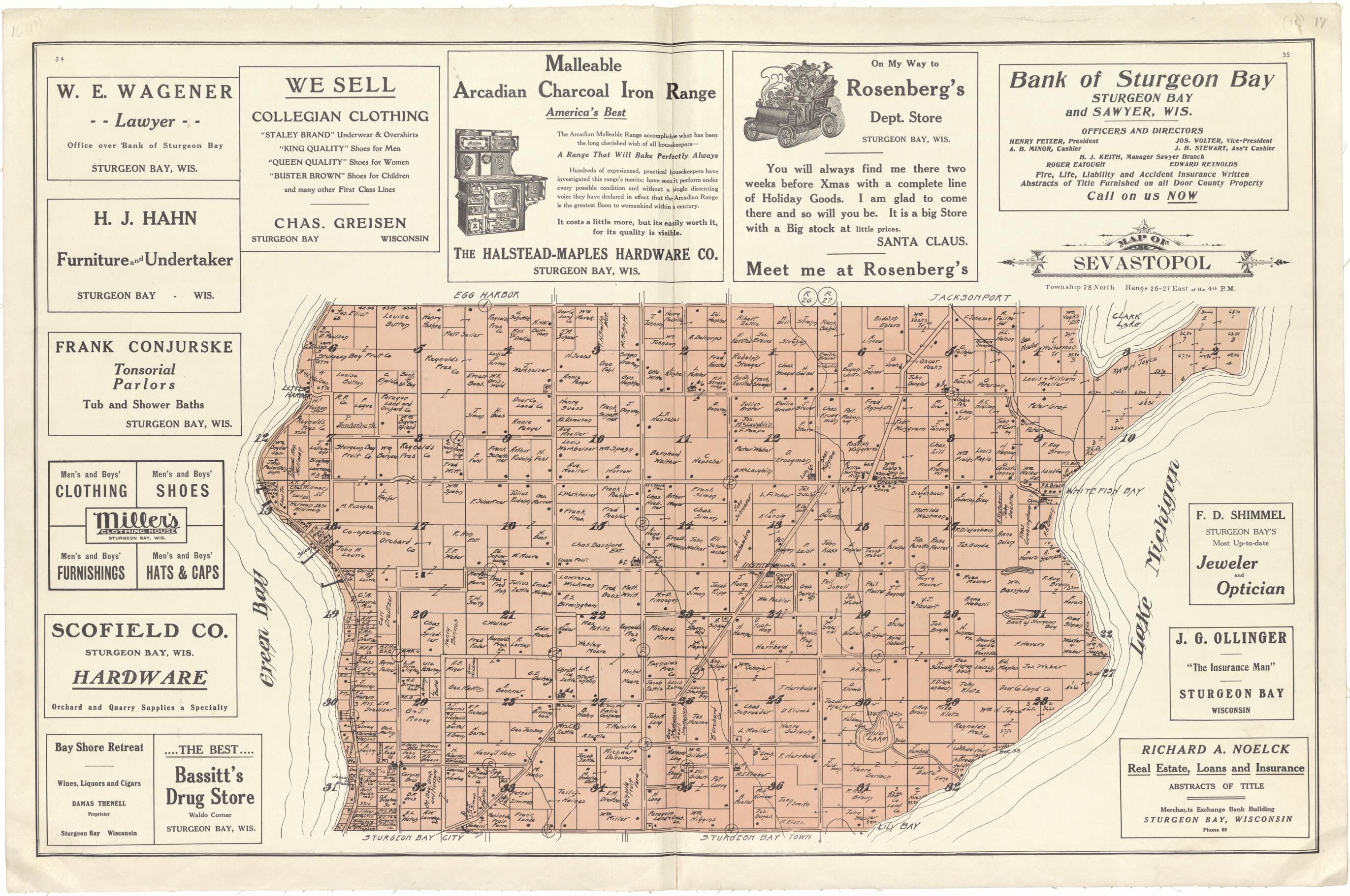 Map of Sevastopol from Atlas of Door County, Wisconsin from 1914 Old