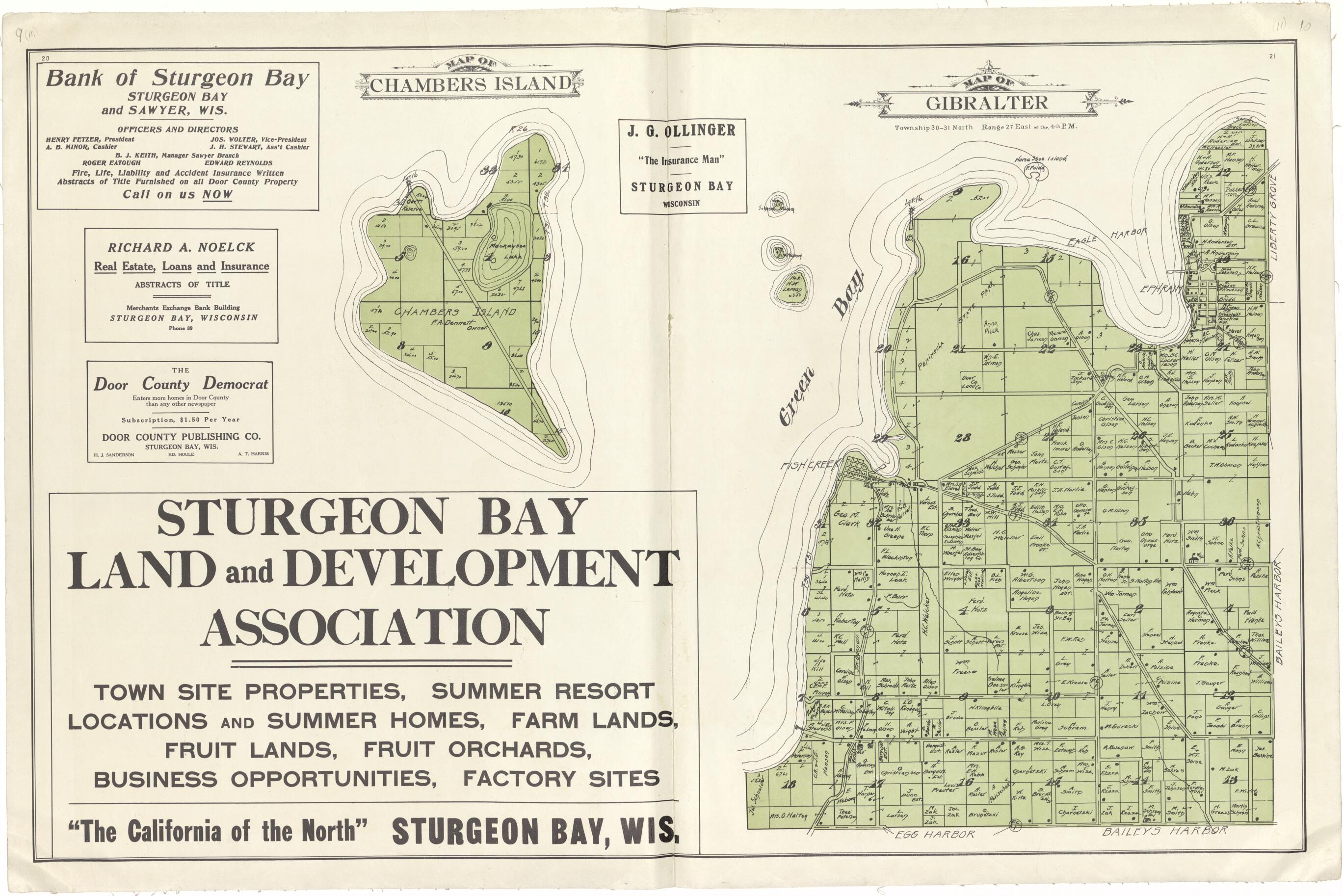 This old map of Map of Chambers Island; Map of Gibralter from Atlas of Door County, Wisconsin from 1914 was created by Otto Nelson in 1914