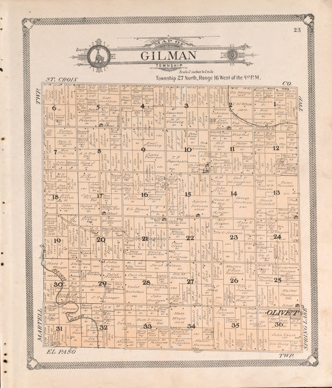 This old map of Gilman from Standard Atlas of Pierce County, Wisconsin from 1908 was created by Geo. A. Ogle & Co in 1908