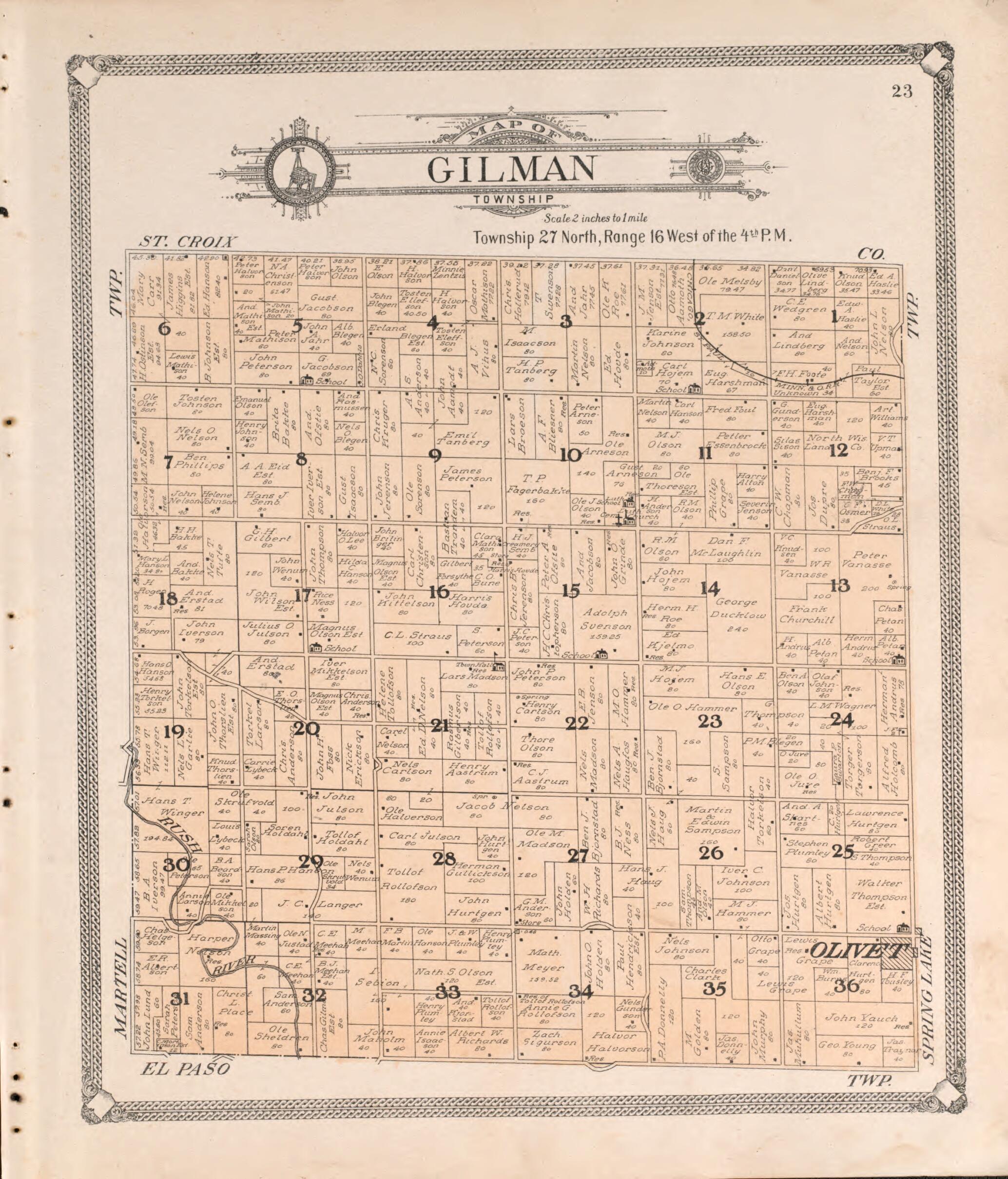 This old map of Gilman from Standard Atlas of Pierce County, Wisconsin from 1908 was created by Geo. A. Ogle & Co in 1908