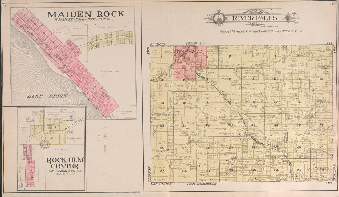 This old map of River Falls, Maiden Rocks from Standard Atlas of Pierce County, Wisconsin from 1908 was created by Geo. A. Ogle & Co in 1908