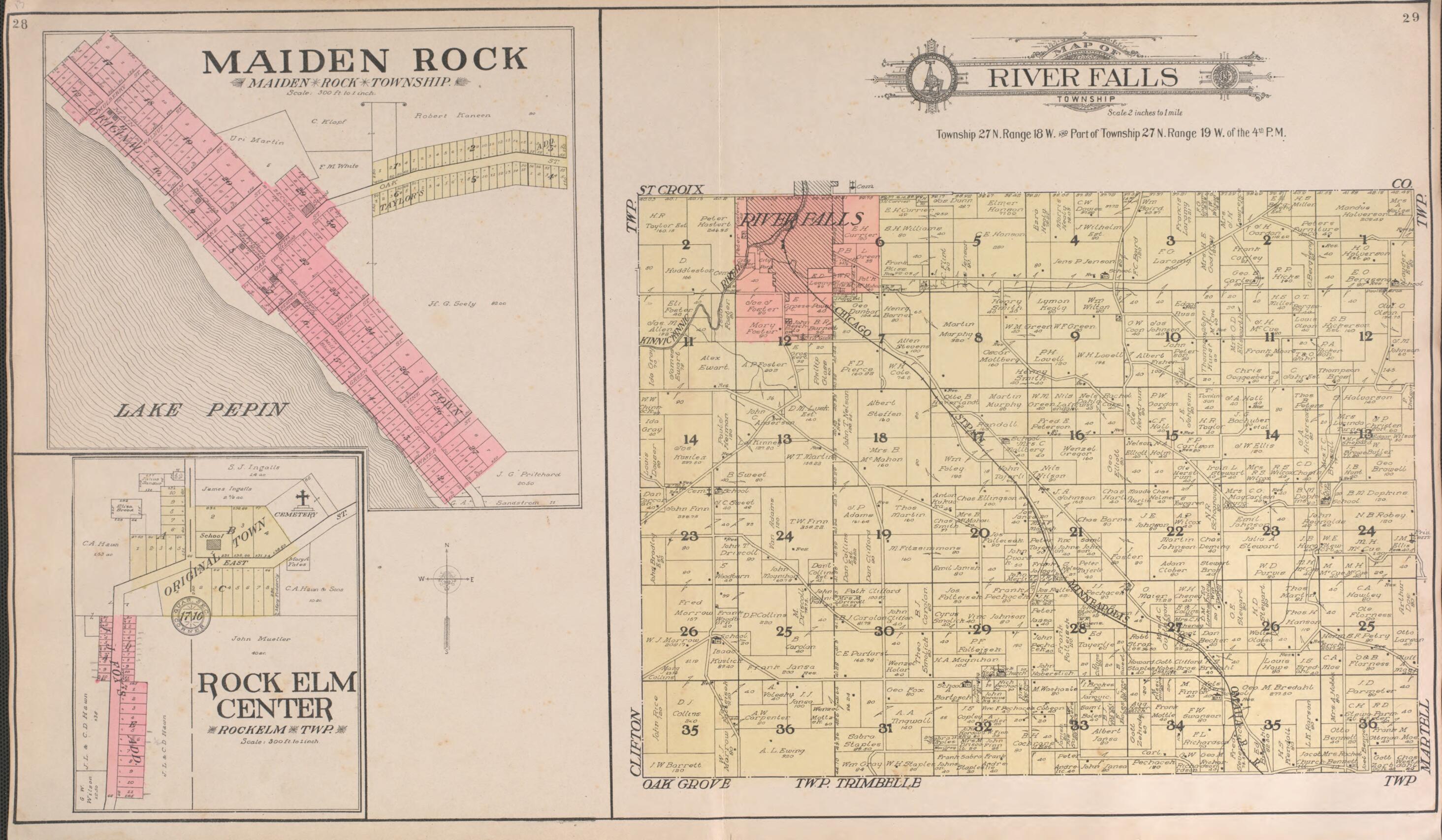 This old map of River Falls, Maiden Rocks from Standard Atlas of Pierce County, Wisconsin from 1908 was created by Geo. A. Ogle & Co in 1908