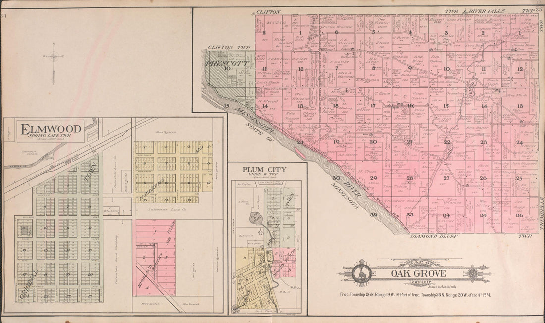 This old map of Oak Grove from Standard Atlas of Pierce County, Wisconsin from 1908 was created by Geo. A. Ogle & Co in 1908