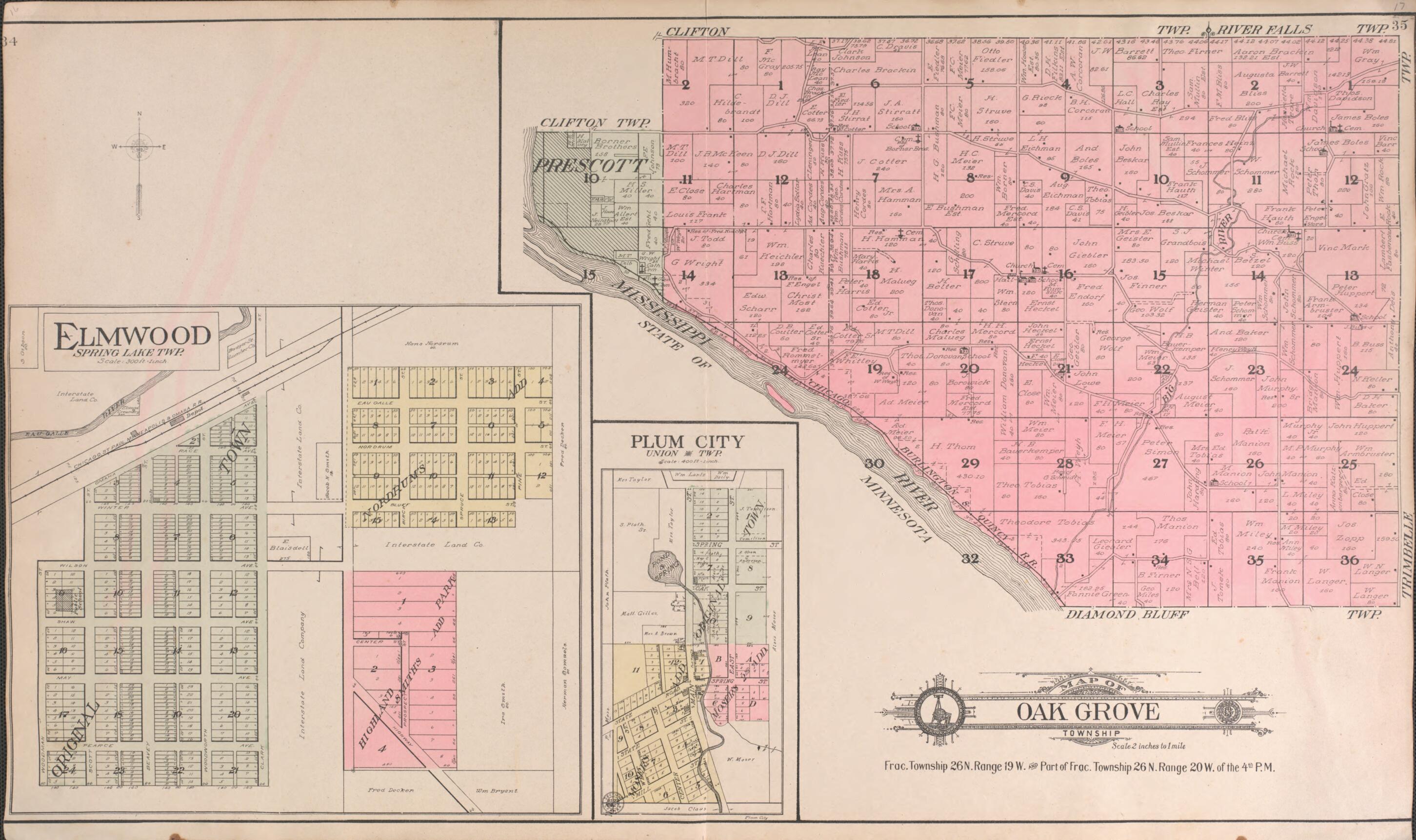 This old map of Oak Grove from Standard Atlas of Pierce County, Wisconsin from 1908 was created by Geo. A. Ogle & Co in 1908