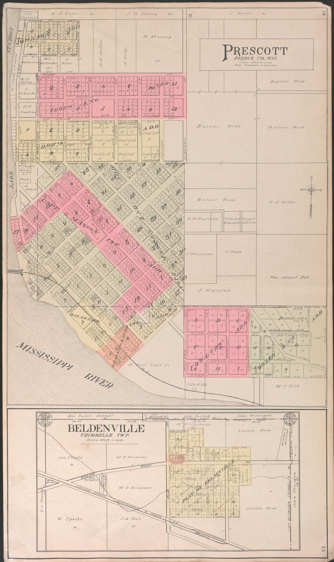 This old map of Prescott from Standard Atlas of Pierce County, Wisconsin from 1908 was created by Geo. A. Ogle & Co in 1908