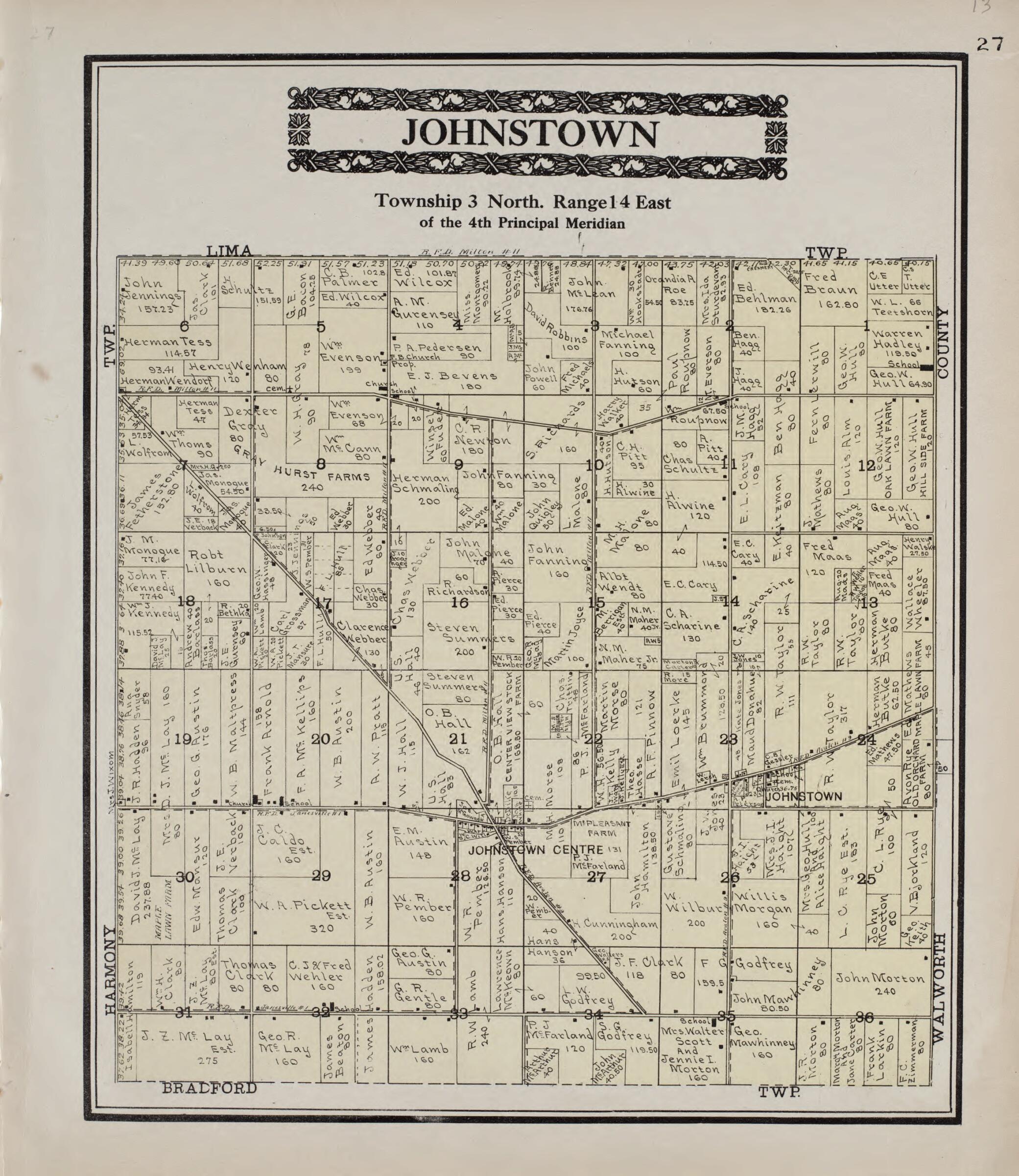 This old map of Johnstown from Standard Atlas of Rock County, Wisconsin from 1917 was created by Hennessey & Co in 1917