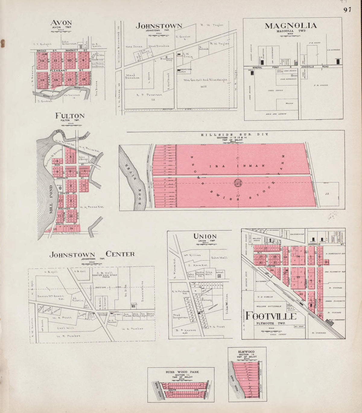 Avon - Johnstown - Magnolia - Fulton - Johnstown Center - Union - Footville ... from Standard Atlas of Rock County, Wisconsin 1917 by Relic Map Company