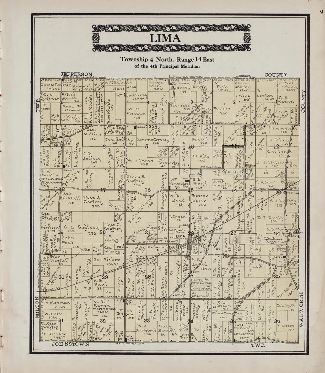 This old map of Lima from Standard Atlas of Rock County, Wisconsin from 1917 was created by Hennessey & Co in 1917