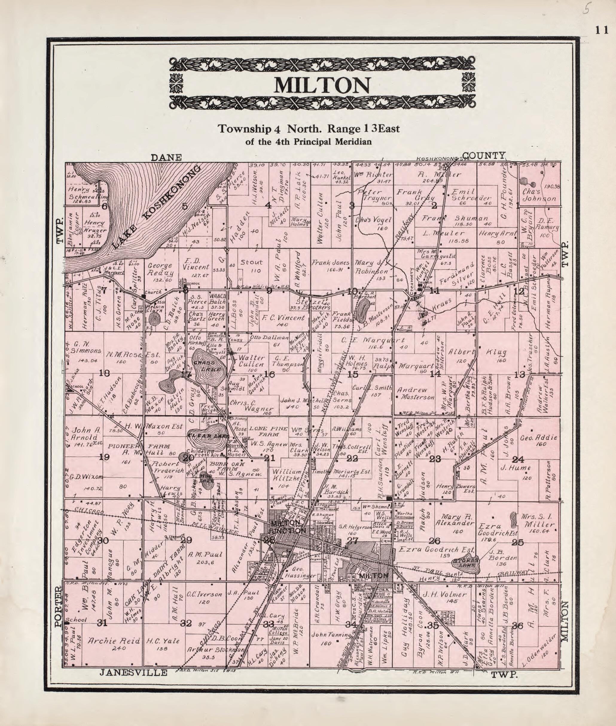 This old map of Milton from Standard Atlas of Rock County, Wisconsin from 1917 was created by Hennessey & Co in 1917