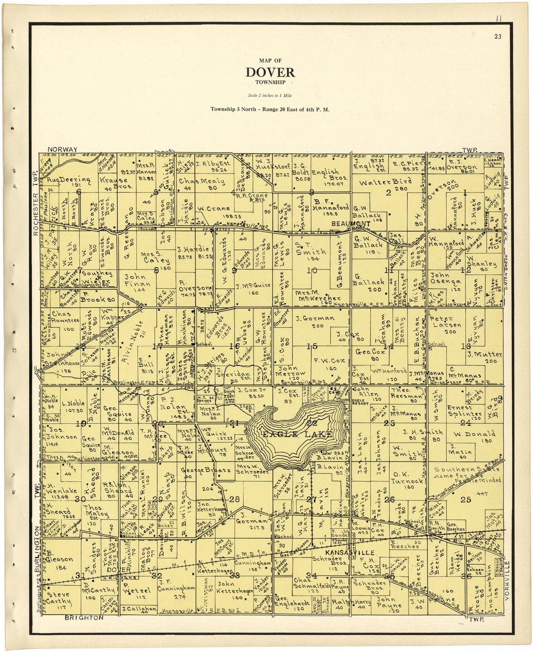 This old map of Map of Dover Township from Plat Book of Racine and Kenosha Counties, Wisconsin from 1924 was created by Western Printing and Lithographing Company in 1924