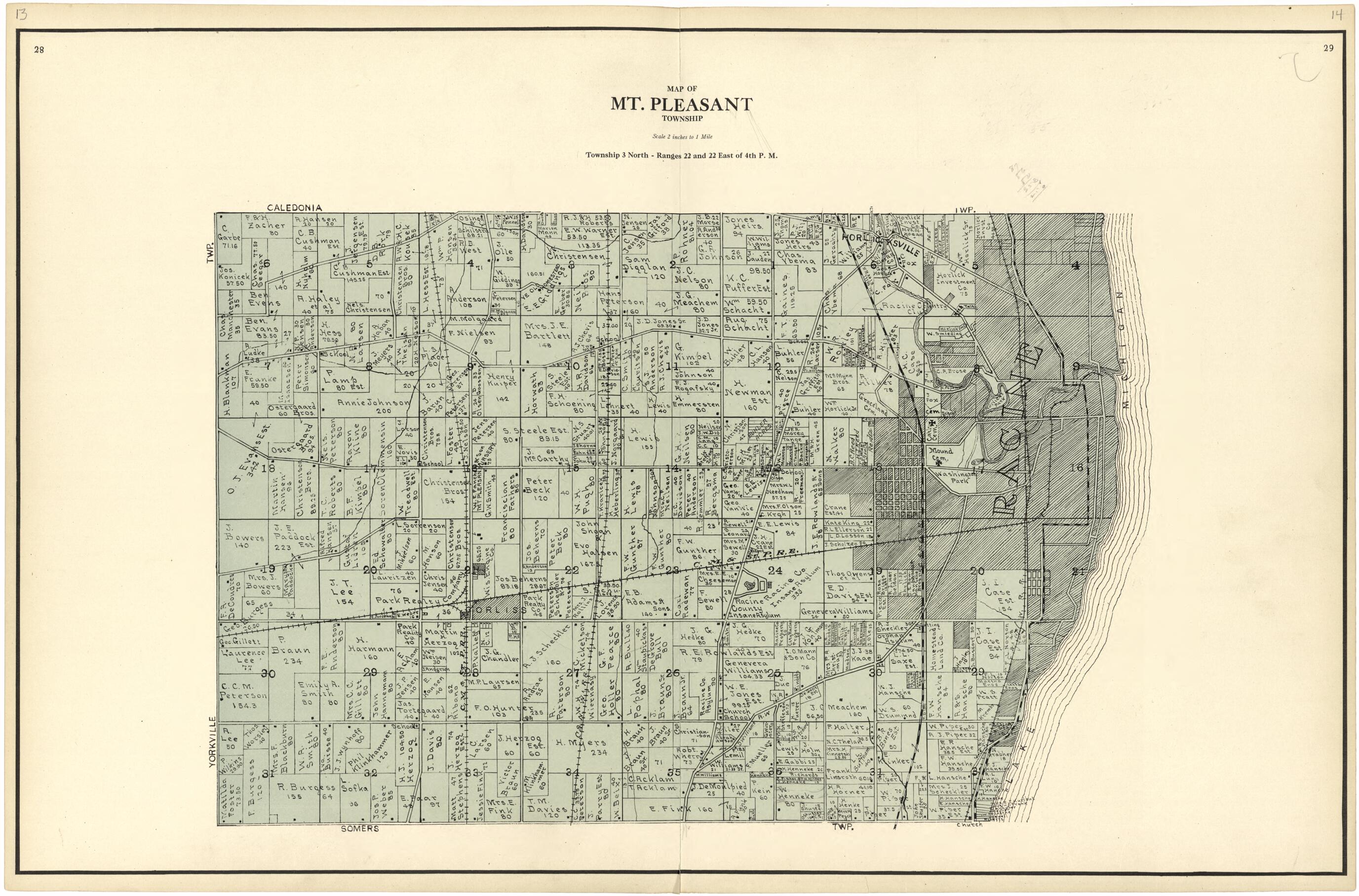 This old map of Map of Mt. Pleasant Township from Plat Book of Racine and Kenosha Counties, Wisconsin from 1924 was created by Western Printing and Lithographing Company in 1924
