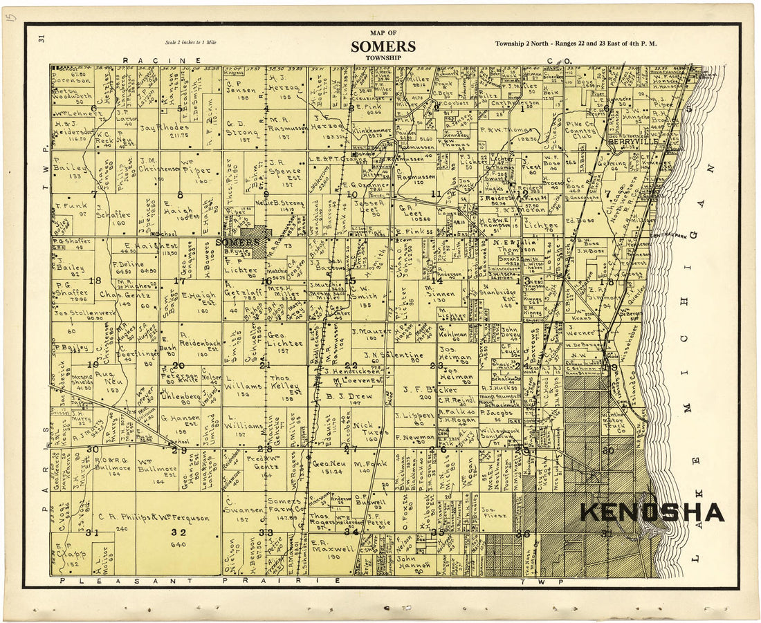 This old map of Map of Somers Township from Plat Book of Racine and Kenosha Counties, Wisconsin from 1924 was created by Western Printing and Lithographing Company in 1924