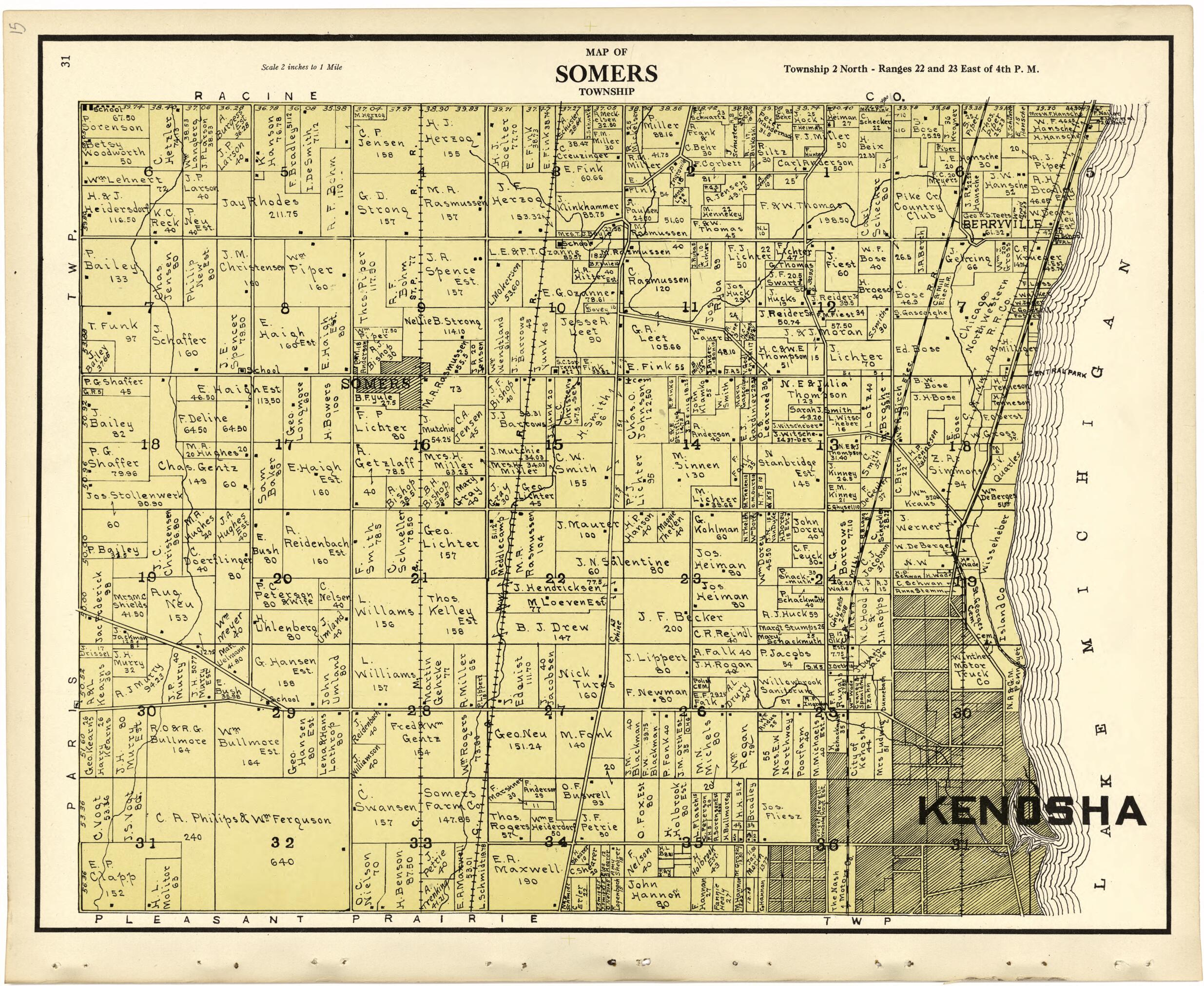 This old map of Map of Somers Township from Plat Book of Racine and Kenosha Counties, Wisconsin from 1924 was created by Western Printing and Lithographing Company in 1924