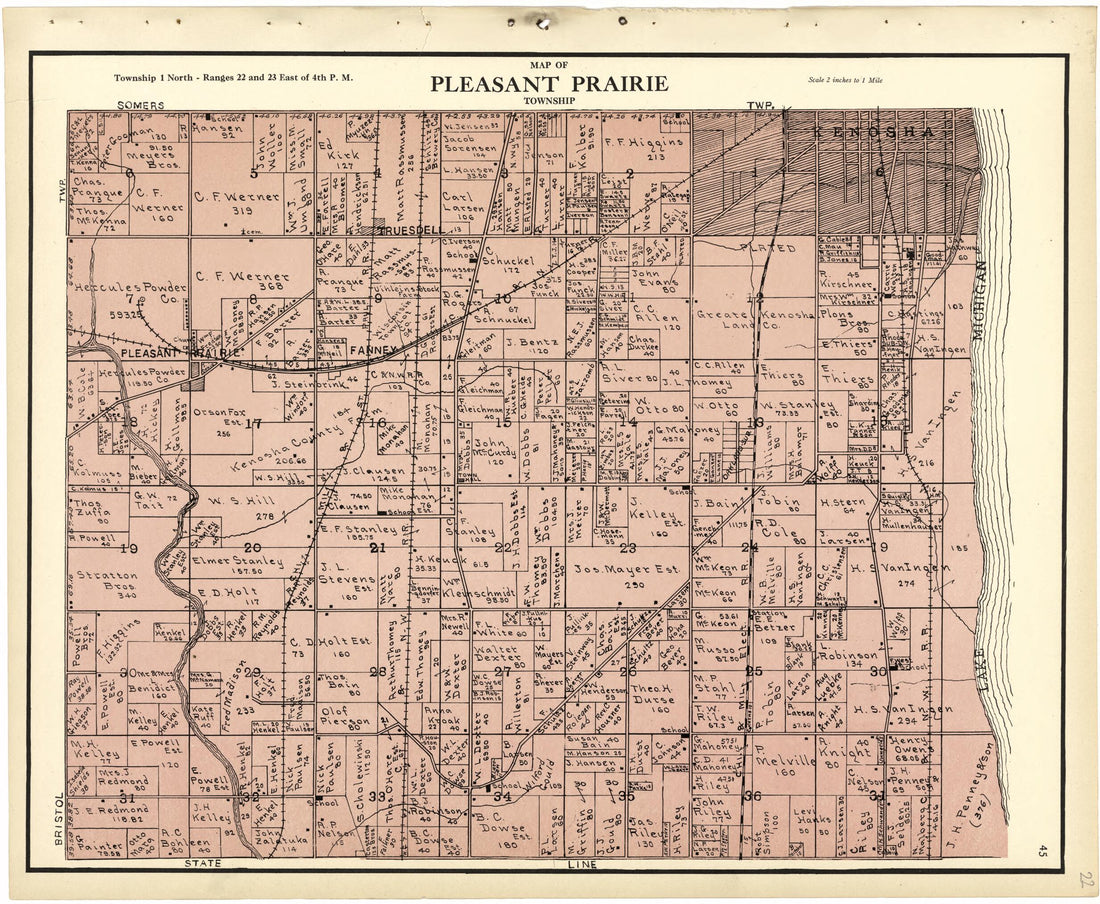 This old map of Map of Pleasant Prairie Township from Plat Book of Racine and Kenosha Counties, Wisconsin from 1924 was created by Western Printing and Lithographing Company in 1924