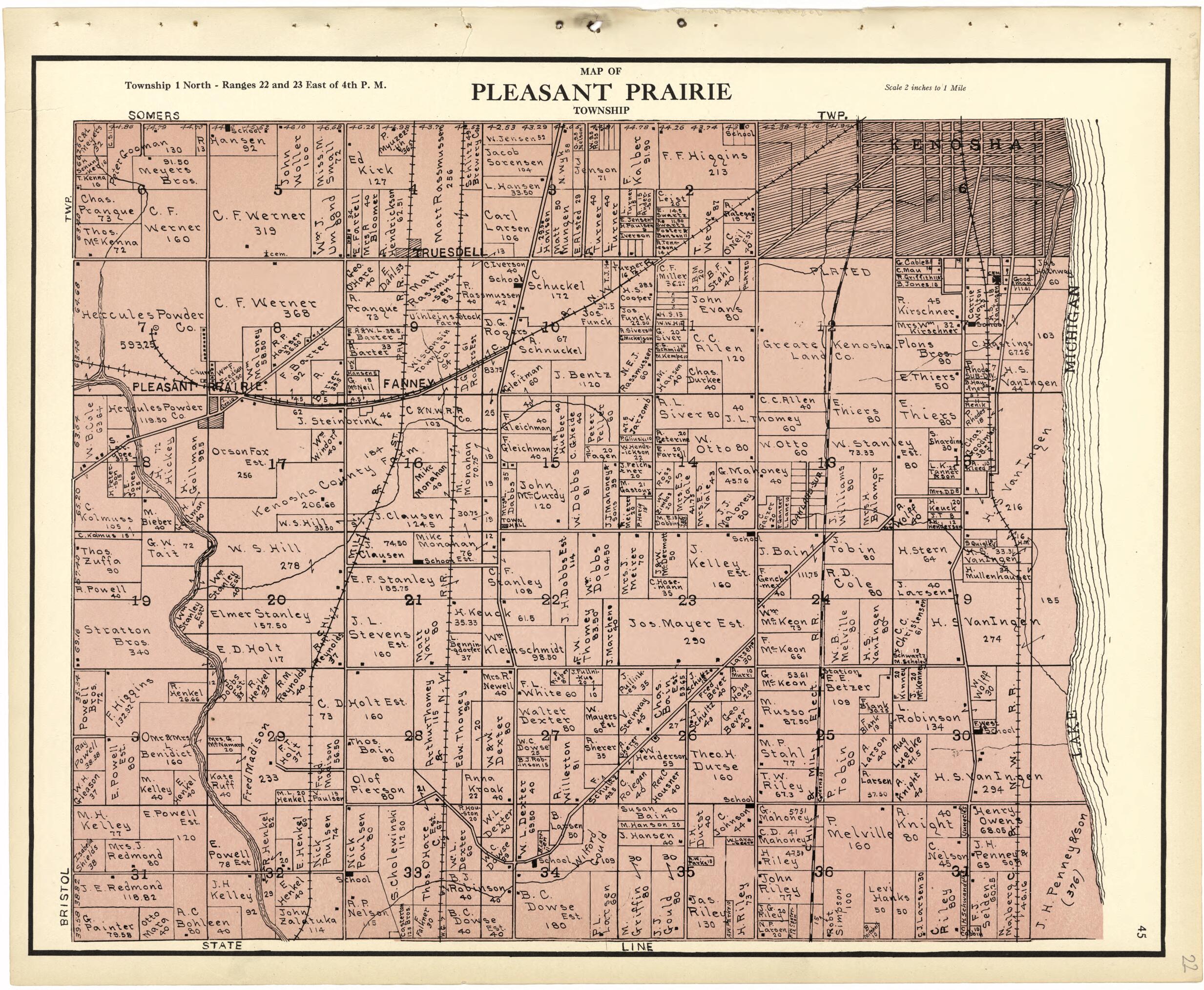 This old map of Map of Pleasant Prairie Township from Plat Book of Racine and Kenosha Counties, Wisconsin from 1924 was created by Western Printing and Lithographing Company in 1924