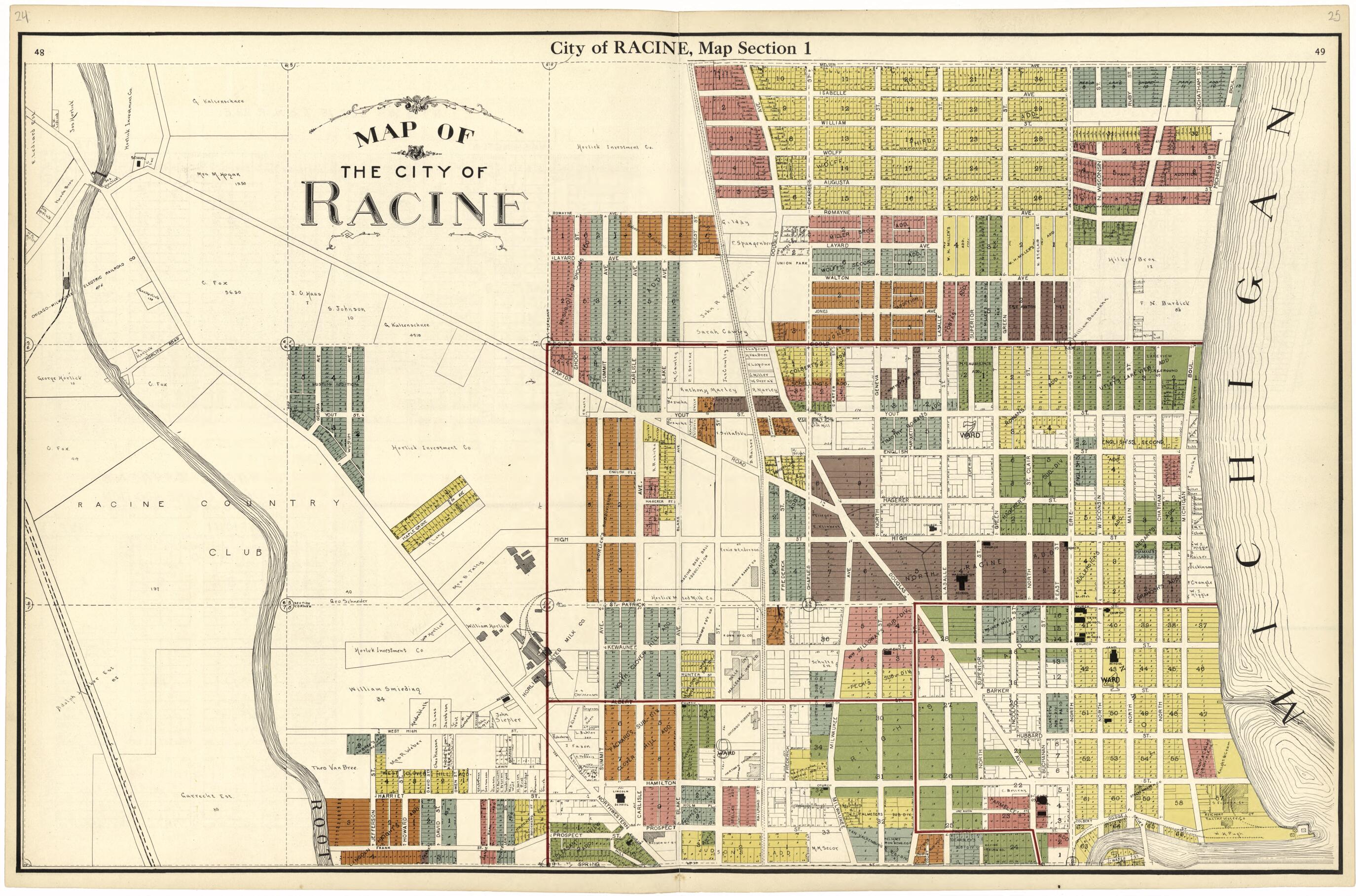This old map of Map of the City of Racine from Plat Book of Racine and Kenosha Counties, Wisconsin from 1924 was created by Western Printing and Lithographing Company in 1924