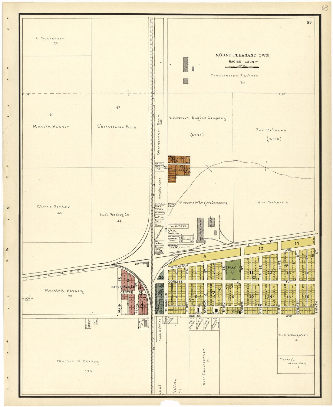 This old map of Mount Pleasant Twp. from Plat Book of Racine and Kenosha Counties, Wisconsin from 1924 was created by Western Printing and Lithographing Company in 1924