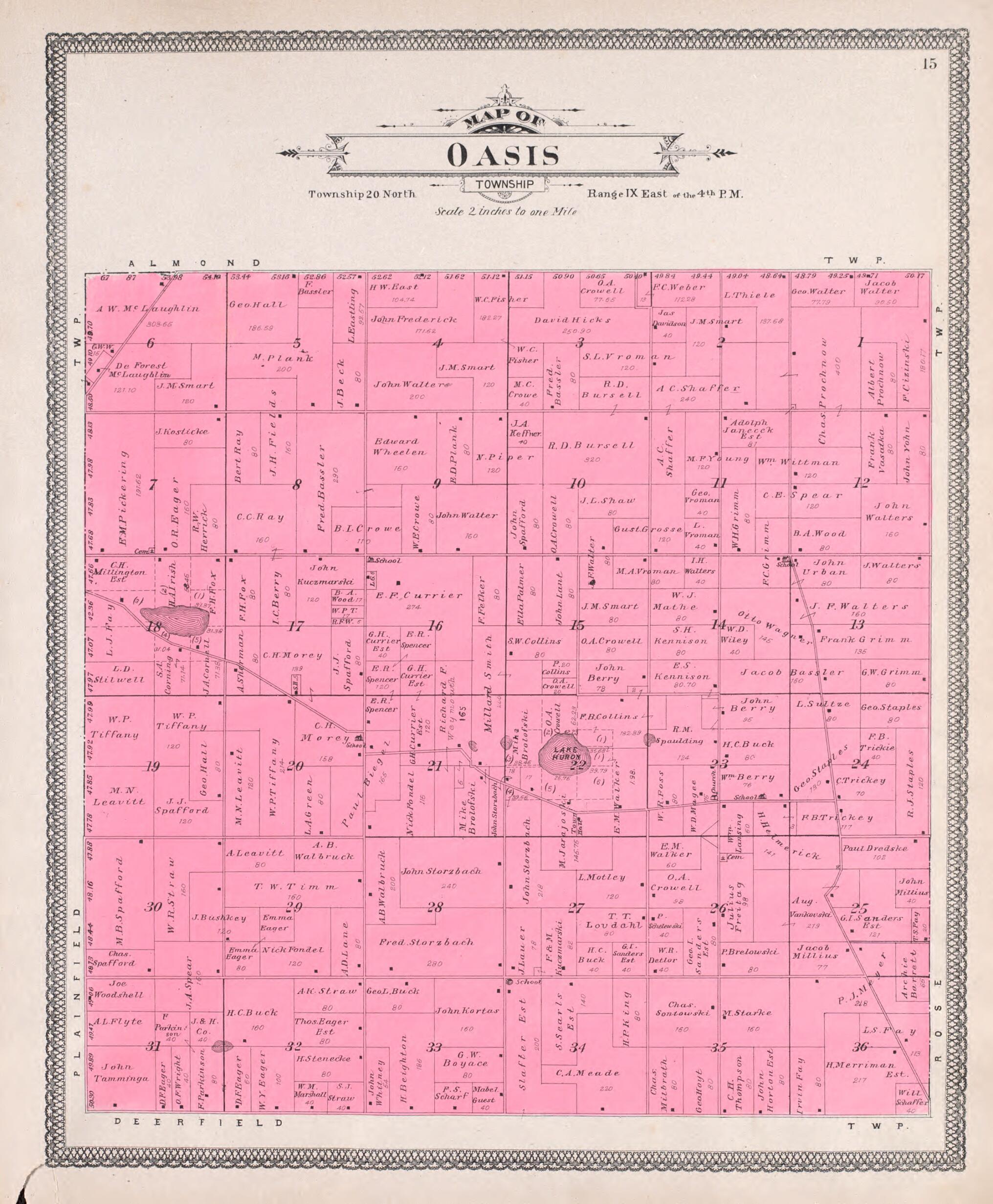 This old map of Oasis from Atlas of Waushara County, Wisconsin from 1906 was created by W. (William) Wangersheim in 1906