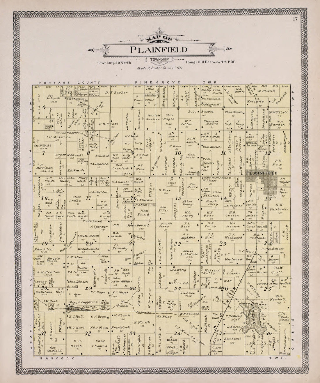 This old map of Plainfield from Atlas of Waushara County, Wisconsin from 1906 was created by W. (William) Wangersheim in 1906