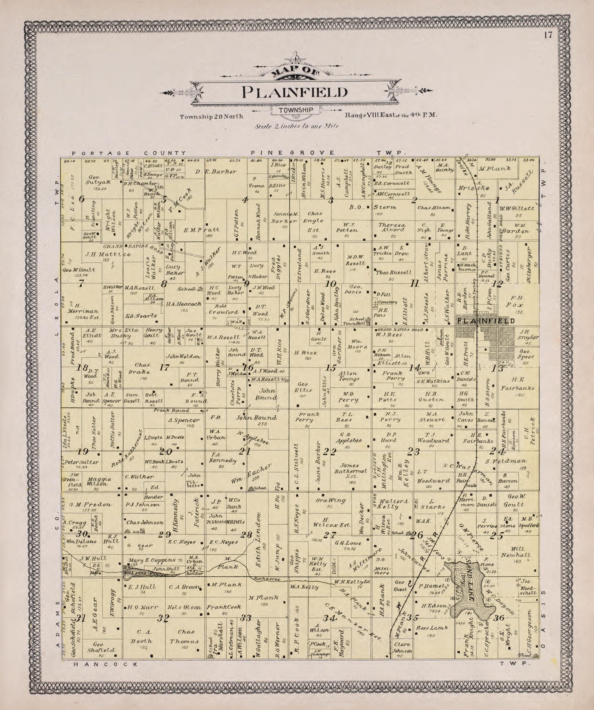 This old map of Plainfield from Atlas of Waushara County, Wisconsin from 1906 was created by W. (William) Wangersheim in 1906