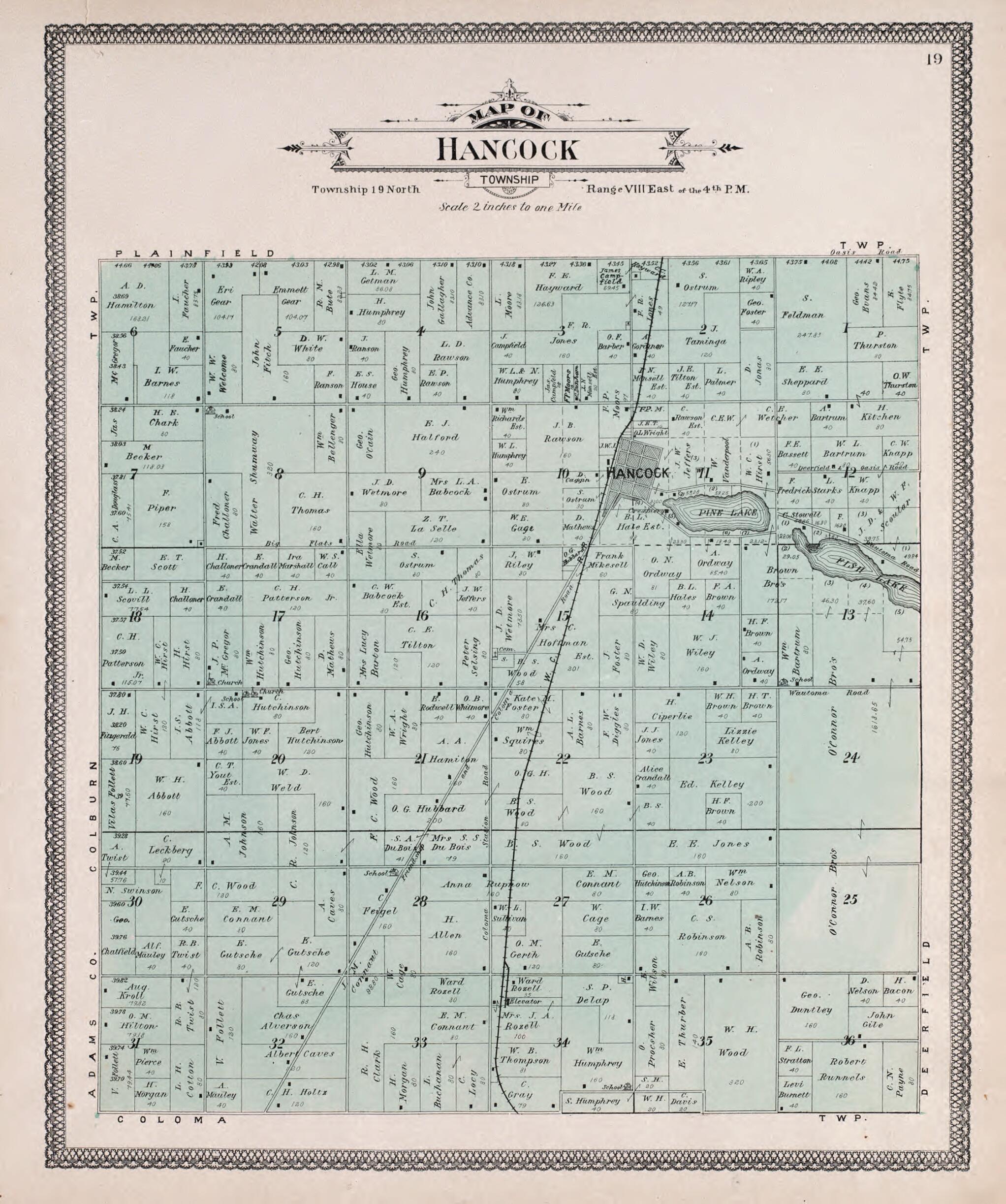 This old map of Hancock from Atlas of Waushara County, Wisconsin from 1906 was created by W. (William) Wangersheim in 1906
