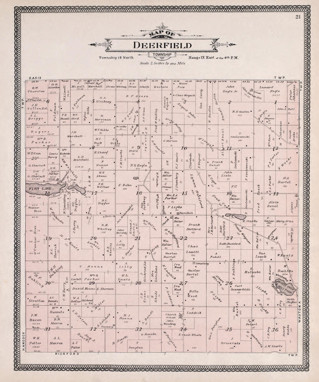 This old map of Deerfield from Atlas of Waushara County, Wisconsin from 1906 was created by W. (William) Wangersheim in 1906