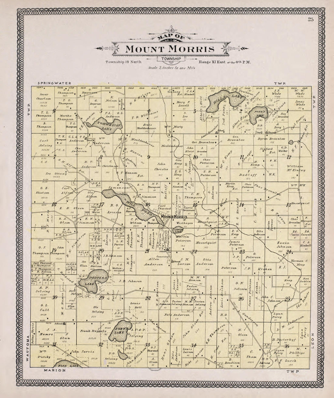 This old map of Mount Morris from Atlas of Waushara County, Wisconsin from 1906 was created by W. (William) Wangersheim in 1906