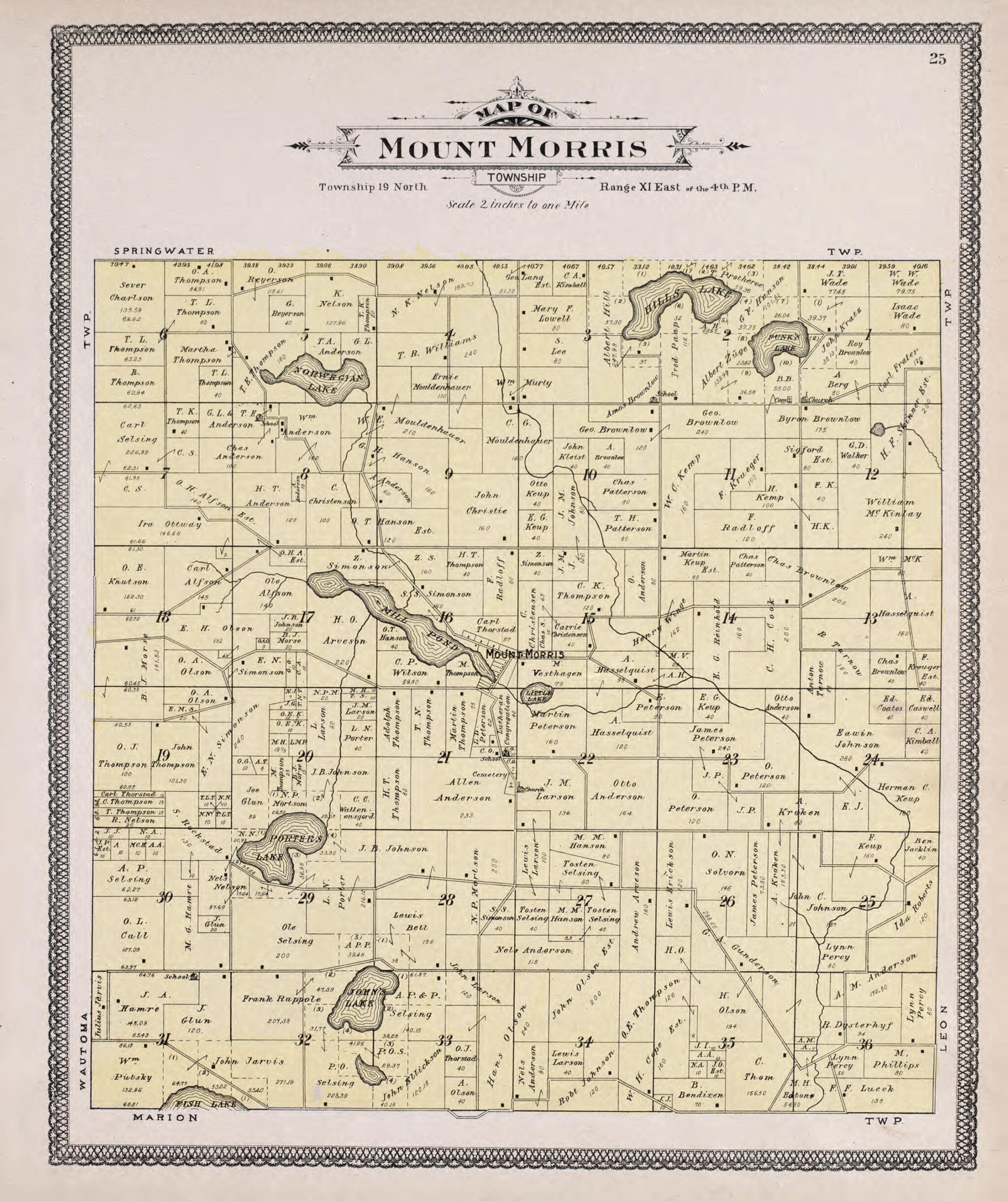 This old map of Mount Morris from Atlas of Waushara County, Wisconsin from 1906 was created by W. (William) Wangersheim in 1906