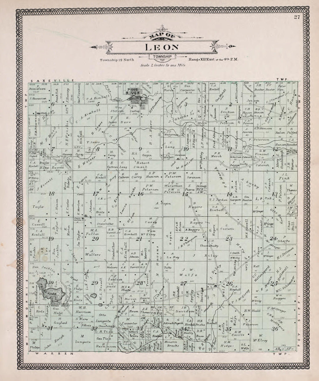 This old map of Leon from Atlas of Waushara County, Wisconsin from 1906 was created by W. (William) Wangersheim in 1906