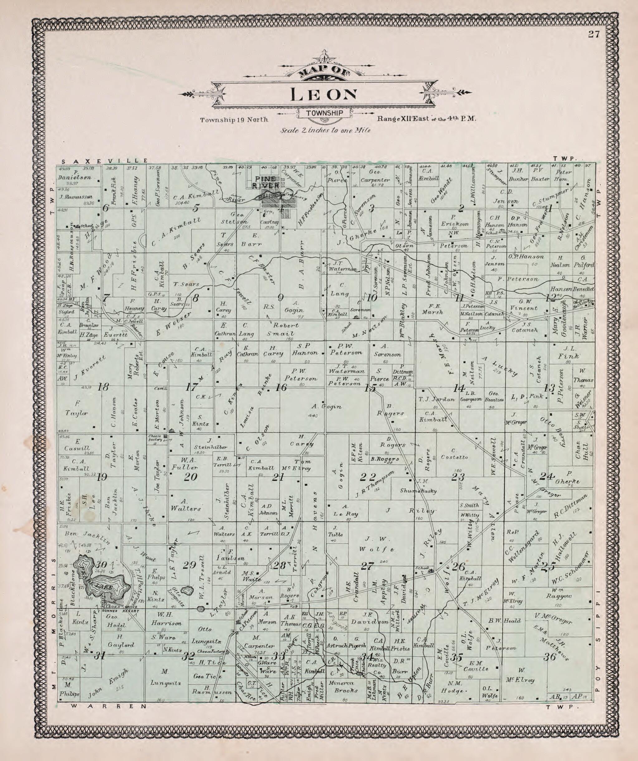 This old map of Leon from Atlas of Waushara County, Wisconsin from 1906 was created by W. (William) Wangersheim in 1906