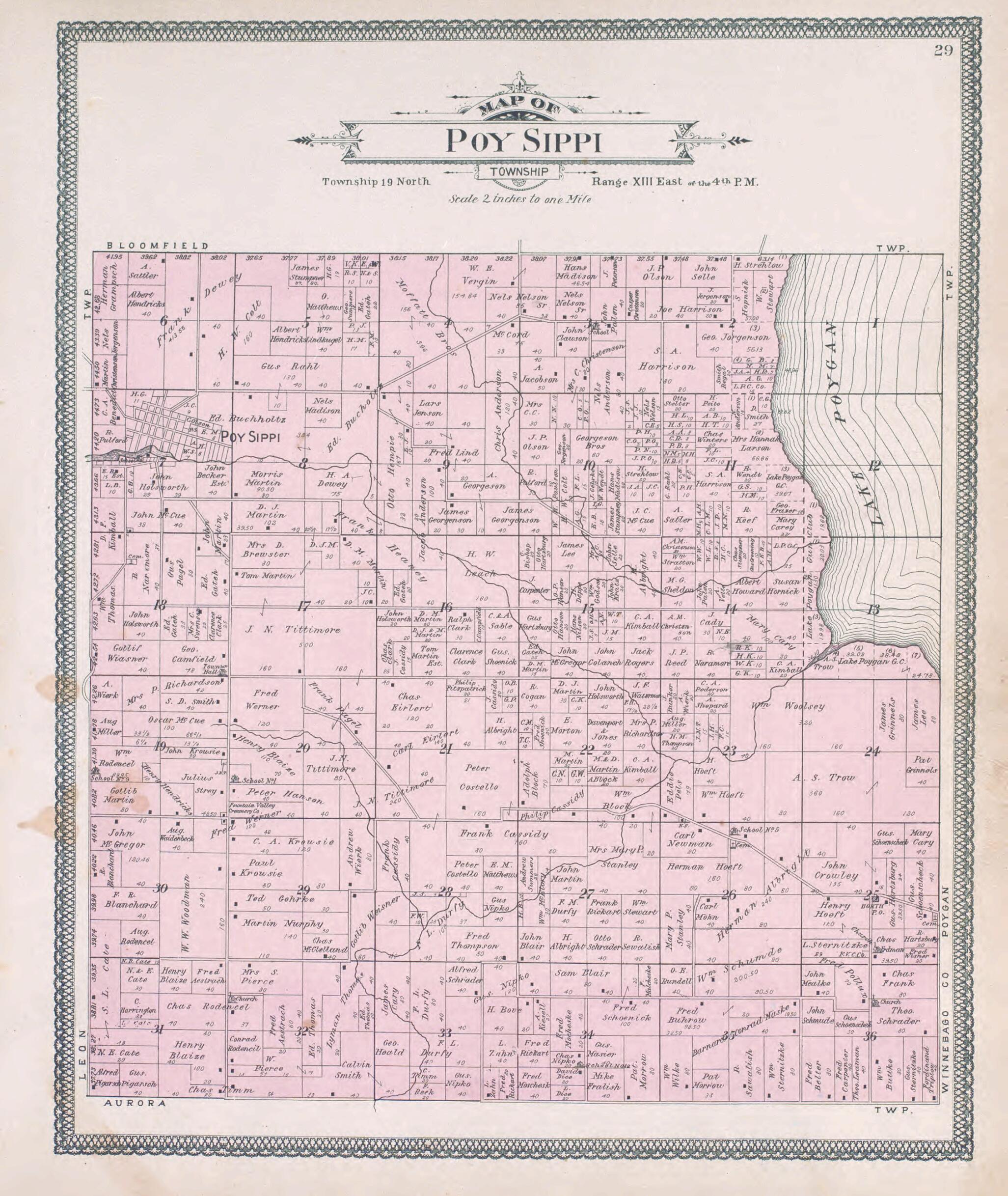 This old map of Poy Sippi from Atlas of Waushara County, Wisconsin from 1906 was created by W. (William) Wangersheim in 1906