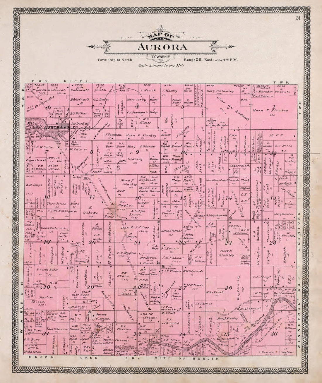 This old map of Aurora from Atlas of Waushara County, Wisconsin from 1906 was created by W. (William) Wangersheim in 1906