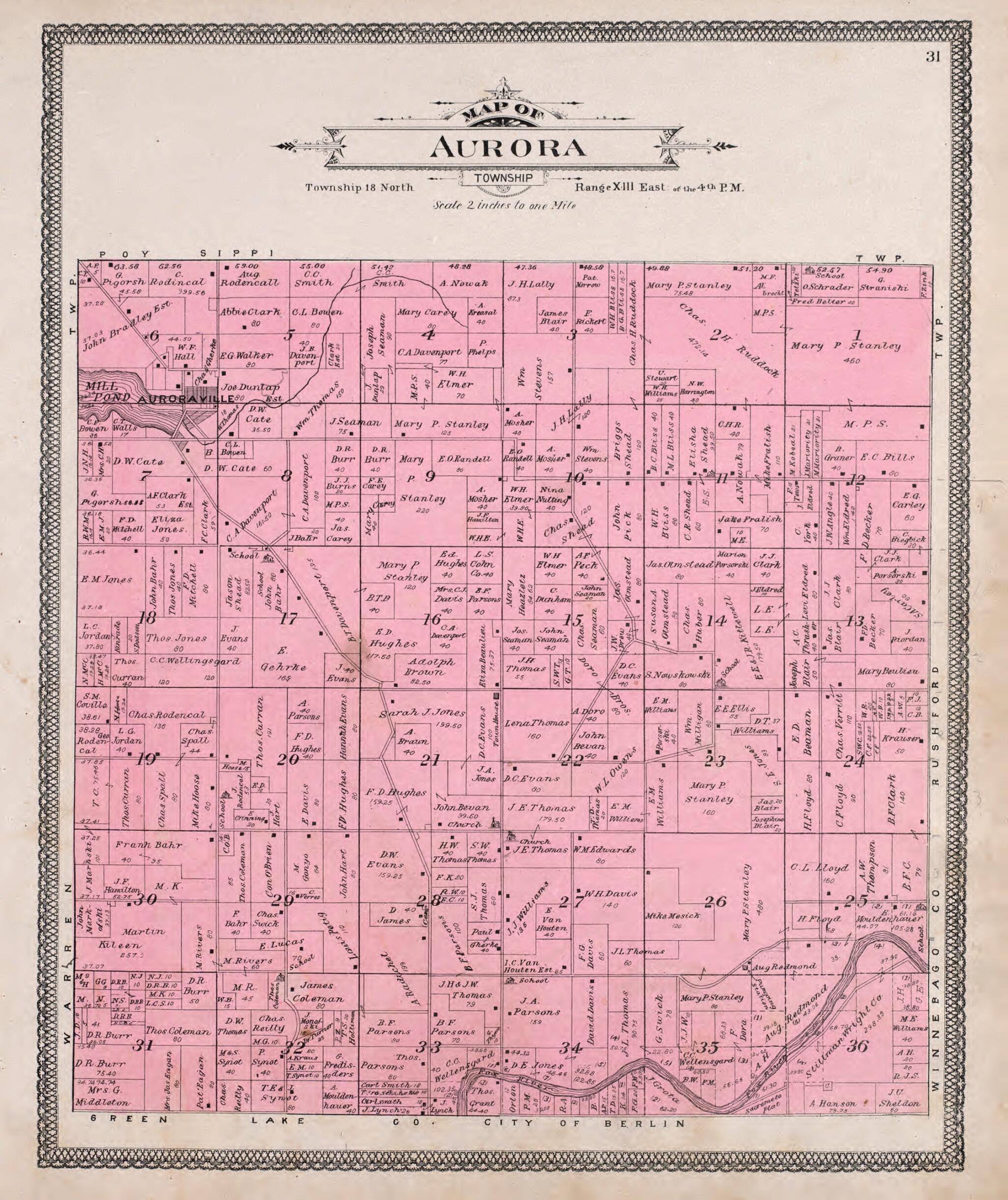 This old map of Aurora from Atlas of Waushara County, Wisconsin from 1906 was created by W. (William) Wangersheim in 1906