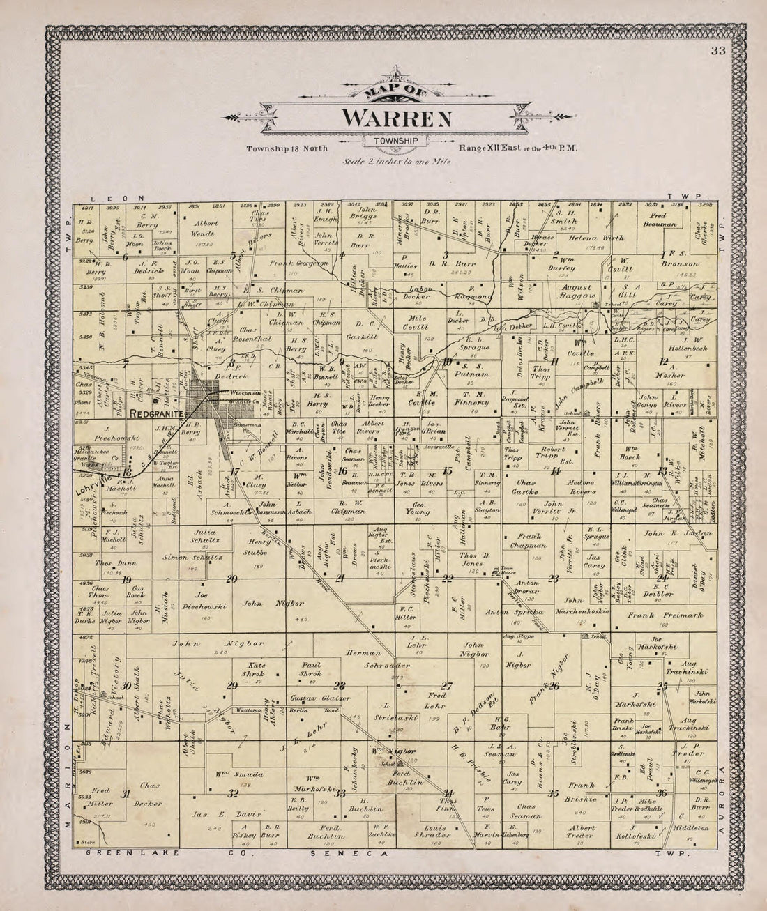 This old map of Warren from Atlas of Waushara County, Wisconsin from 1906 was created by W. (William) Wangersheim in 1906