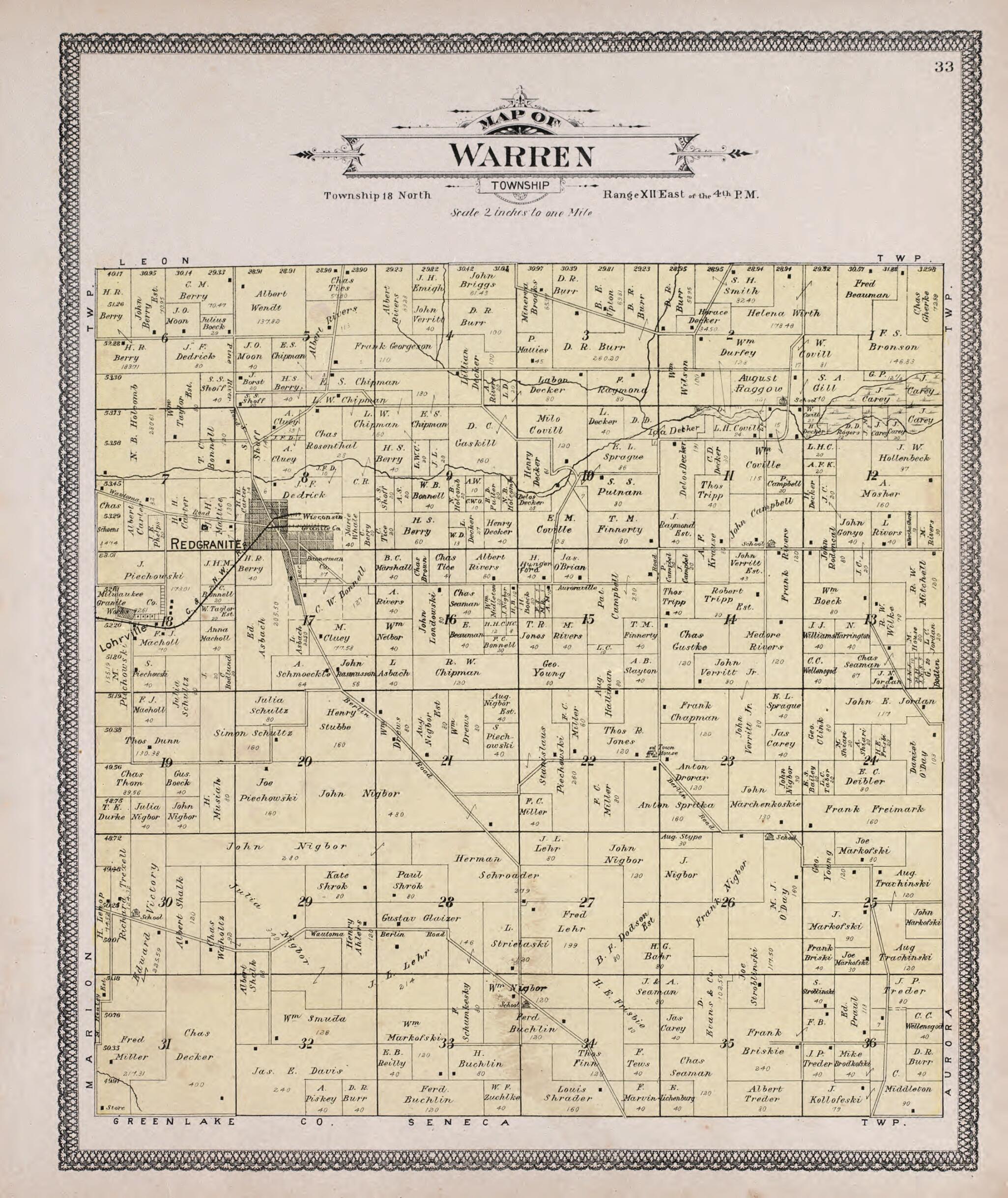 This old map of Warren from Atlas of Waushara County, Wisconsin from 1906 was created by W. (William) Wangersheim in 1906