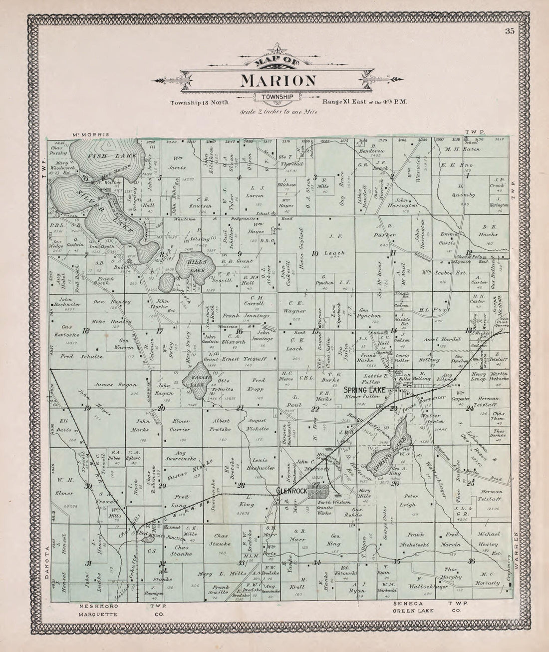 This old map of Marion from Atlas of Waushara County, Wisconsin from 1906 was created by W. (William) Wangersheim in 1906