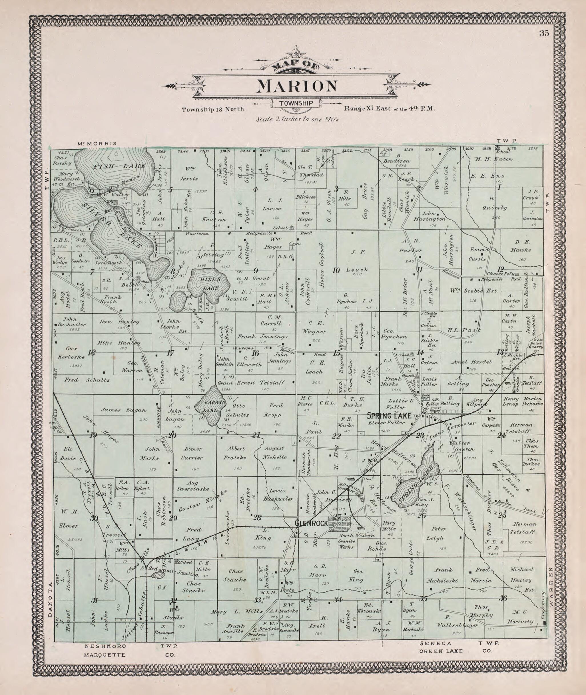 This old map of Marion from Atlas of Waushara County, Wisconsin from 1906 was created by W. (William) Wangersheim in 1906