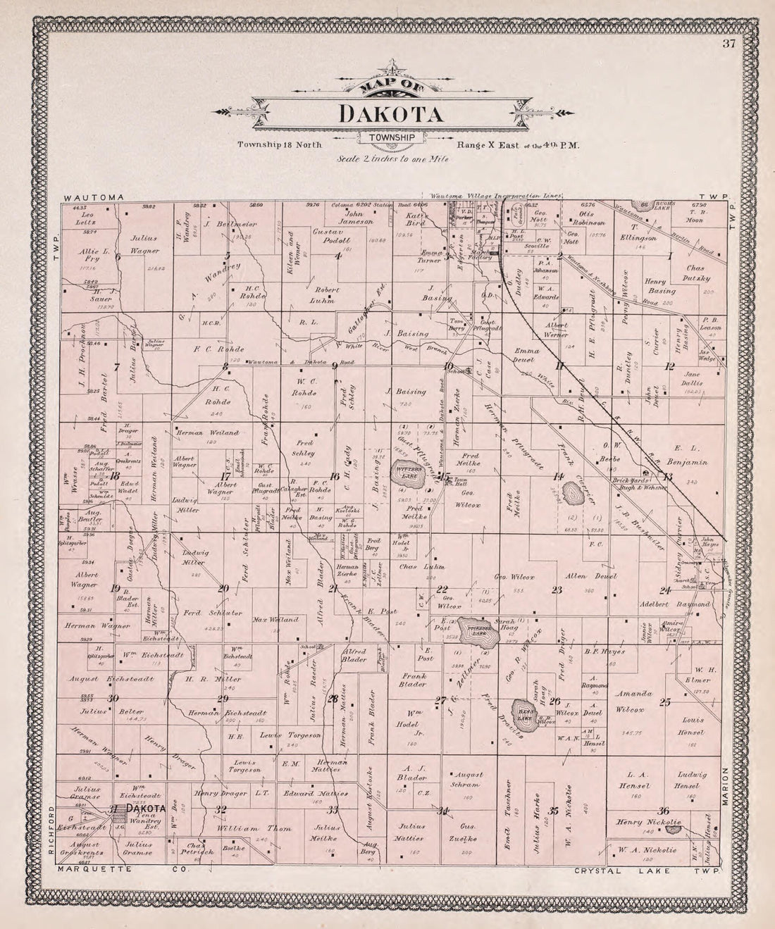 This old map of Dakota from Atlas of Waushara County, Wisconsin from 1906 was created by W. (William) Wangersheim in 1906