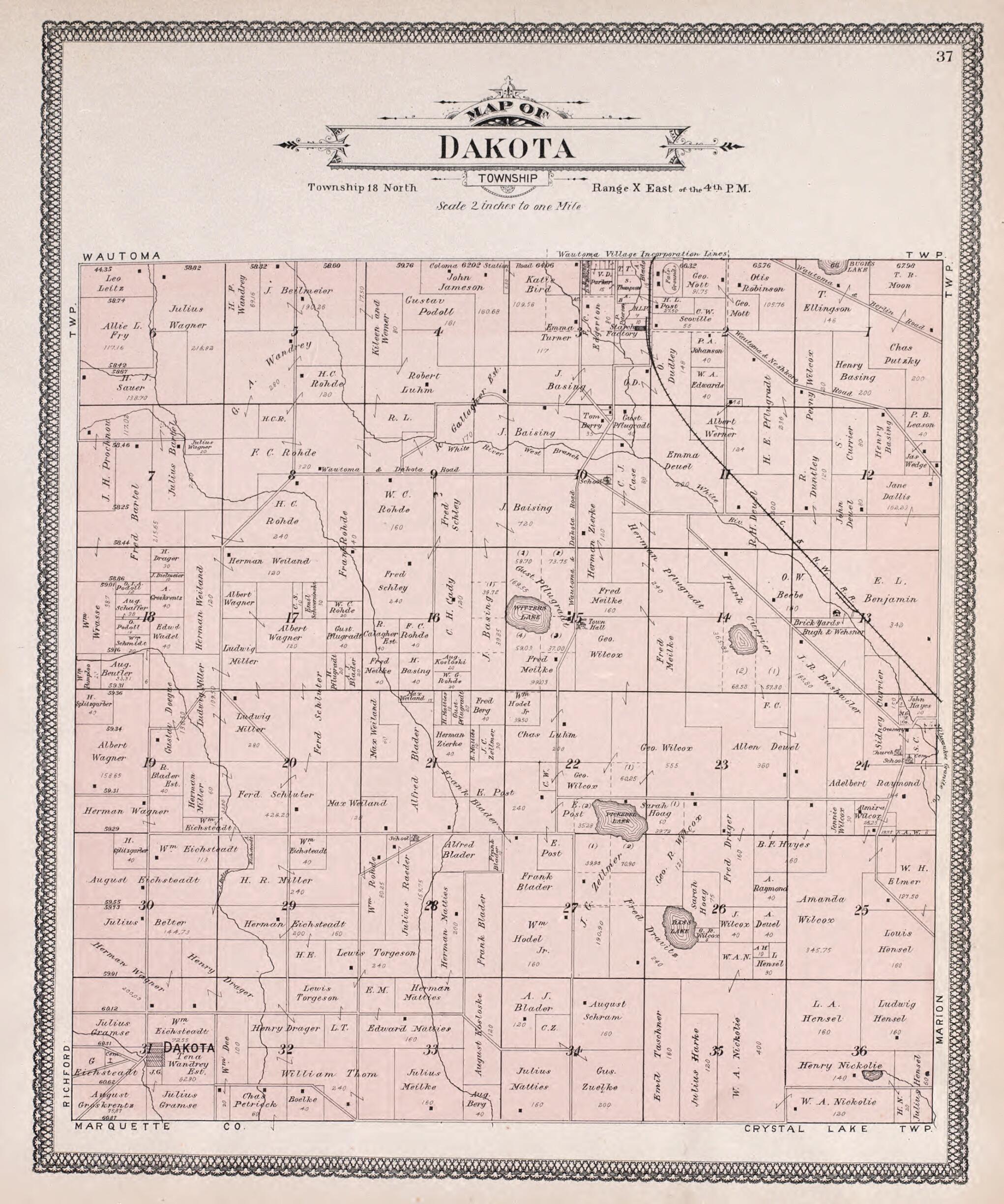 This old map of Dakota from Atlas of Waushara County, Wisconsin from 1906 was created by W. (William) Wangersheim in 1906
