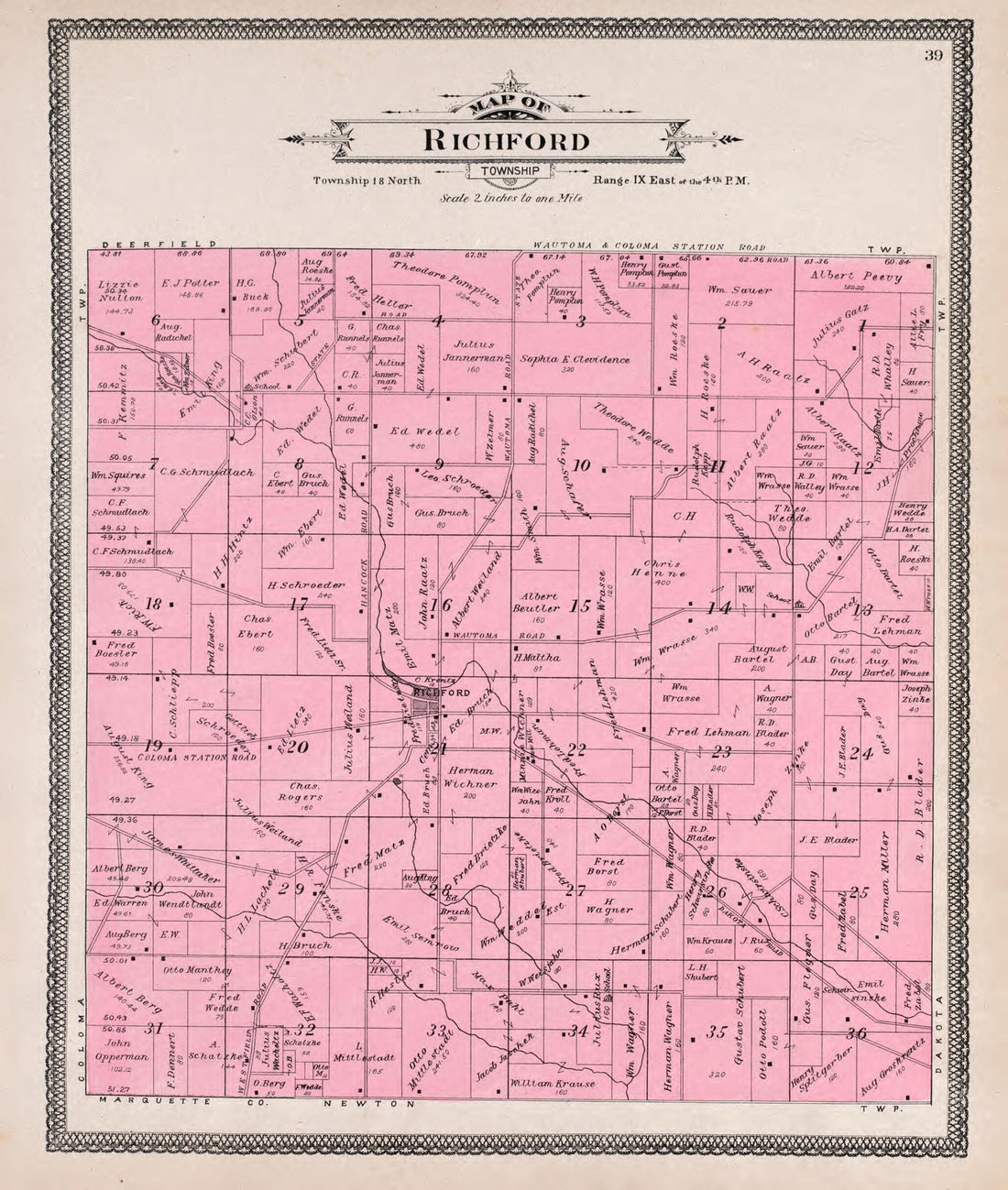 This old map of Richford from Atlas of Waushara County, Wisconsin from 1906 was created by W. (William) Wangersheim in 1906