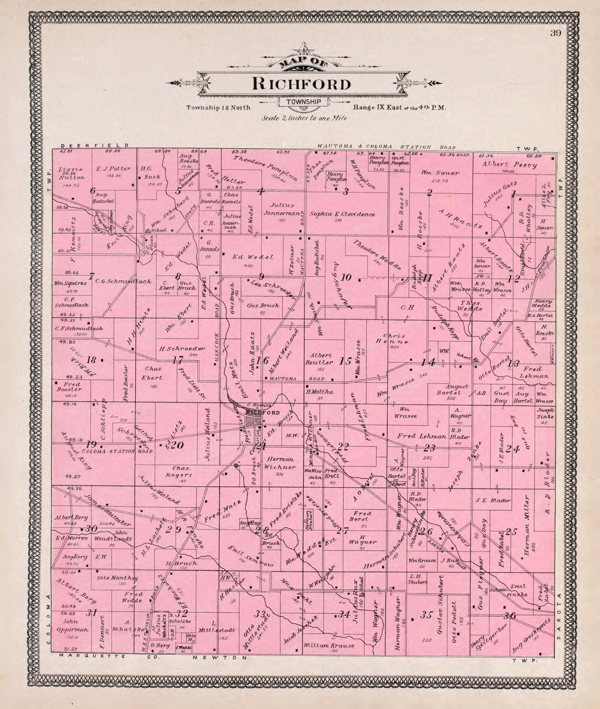 This old map of Richford from Atlas of Waushara County, Wisconsin from 1906 was created by W. (William) Wangersheim in 1906