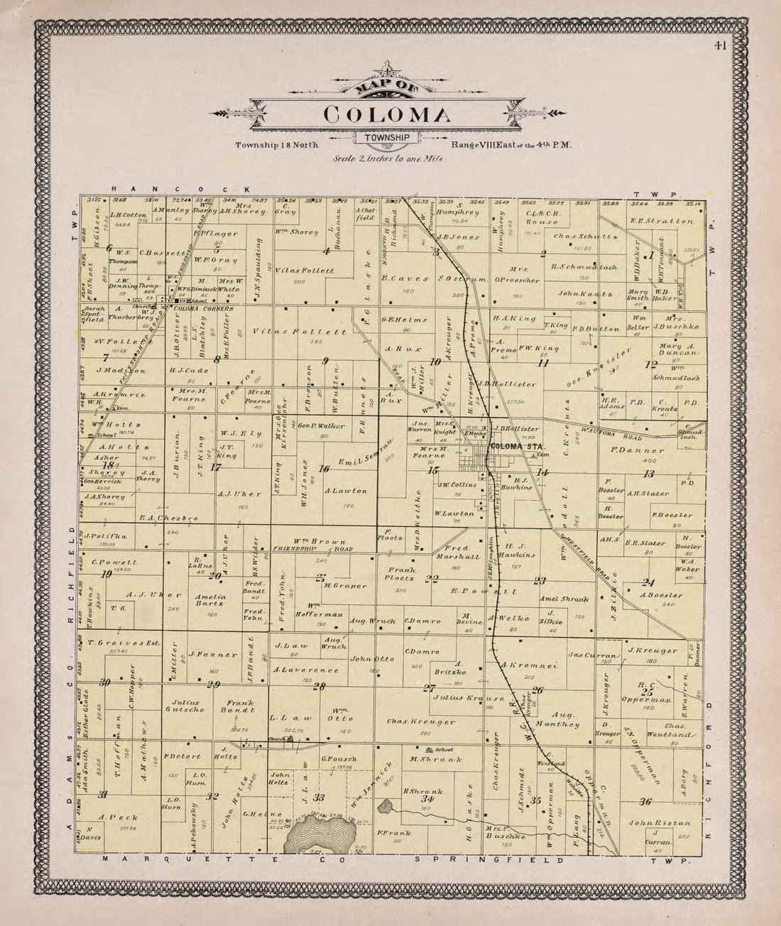 This old map of Coloma from Atlas of Waushara County, Wisconsin from 1906 was created by W. (William) Wangersheim in 1906