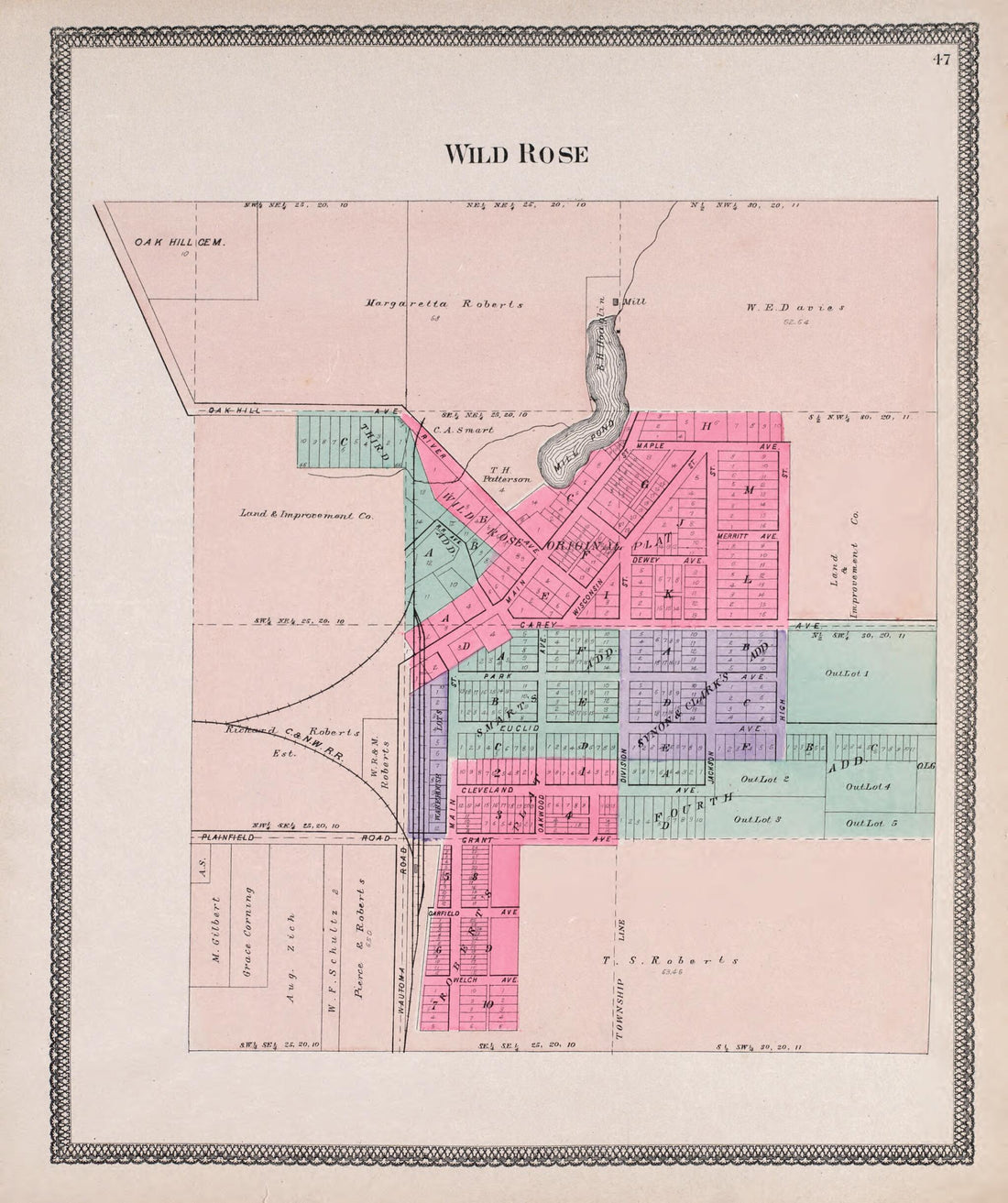 This old map of Wild Rose from Atlas of Waushara County, Wisconsin from 1906 was created by W. (William) Wangersheim in 1906