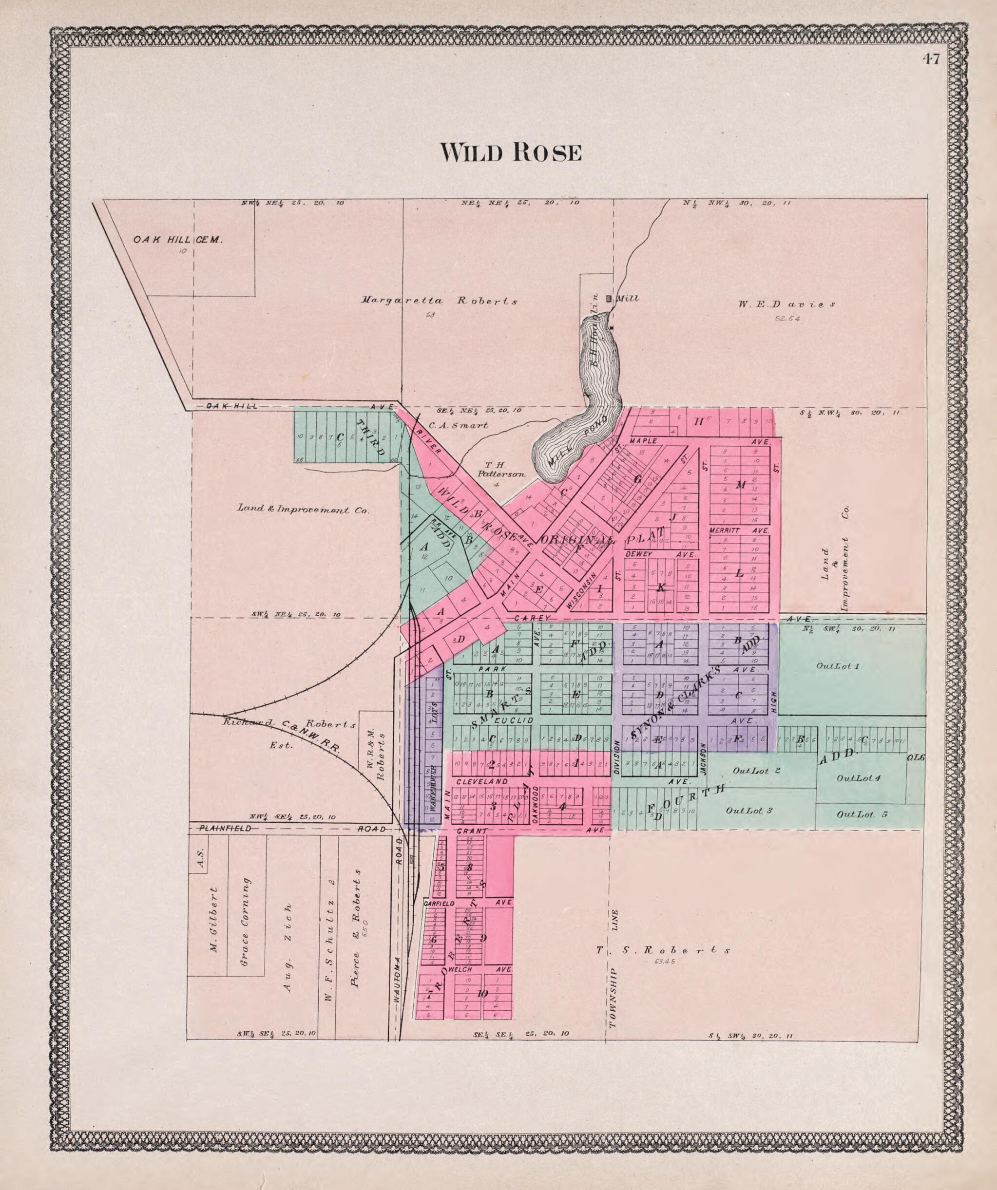 This old map of Wild Rose from Atlas of Waushara County, Wisconsin from 1906 was created by W. (William) Wangersheim in 1906